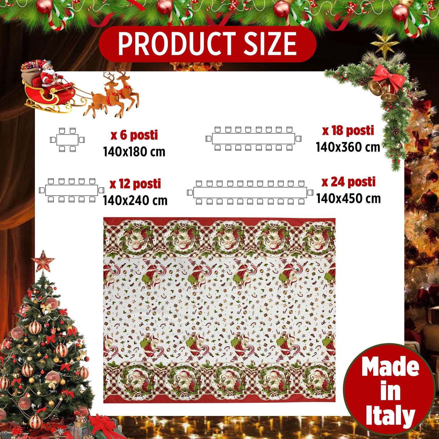 Tovaglia Natalizia in rasatello stampata Preziosa Home 24 posti Natale 6407