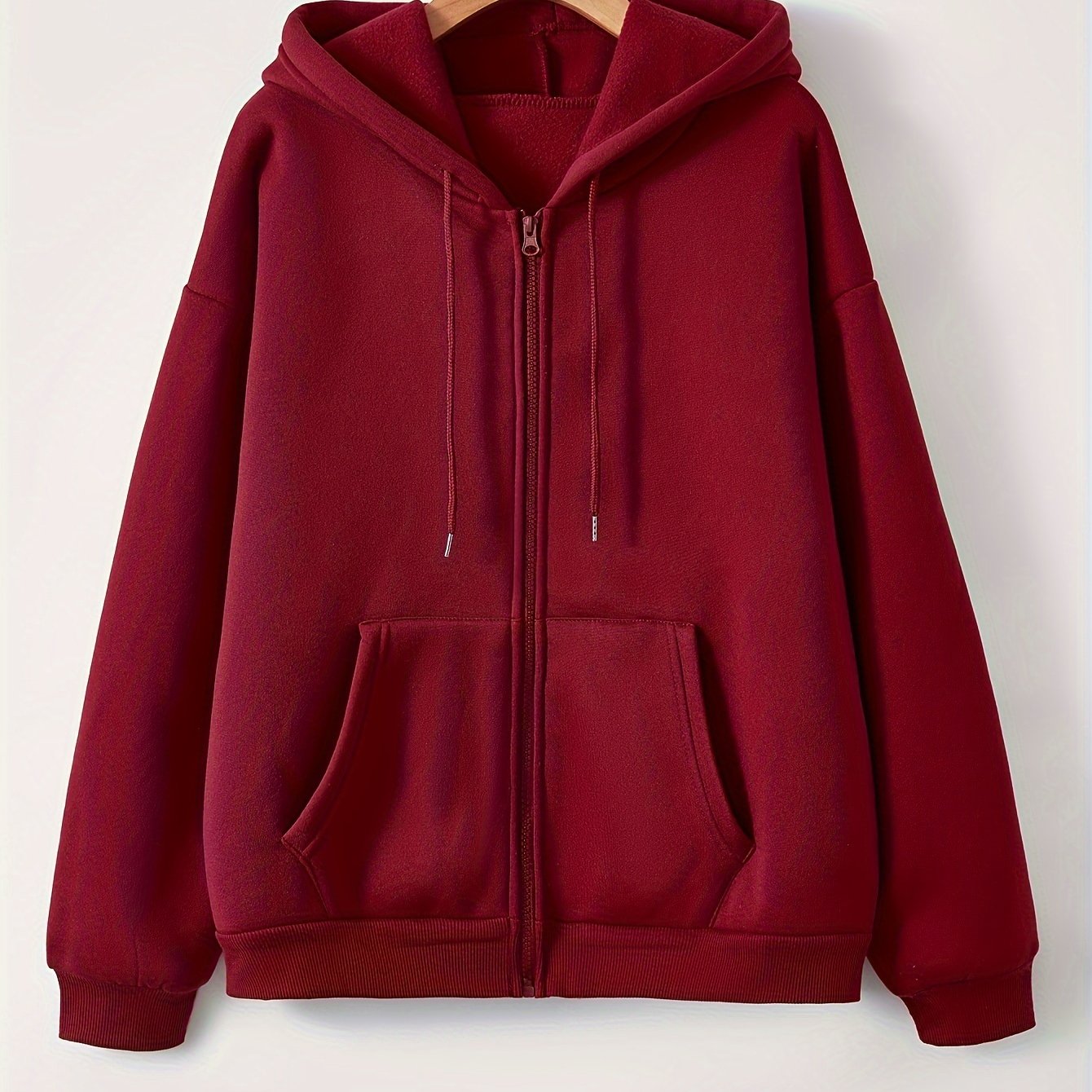 Women's Basic Solid Color Zip-Up Hoodie With Drawstrings, Comfortable Plush Lined Warm Hooded Sweatshirt For Fall & Winter