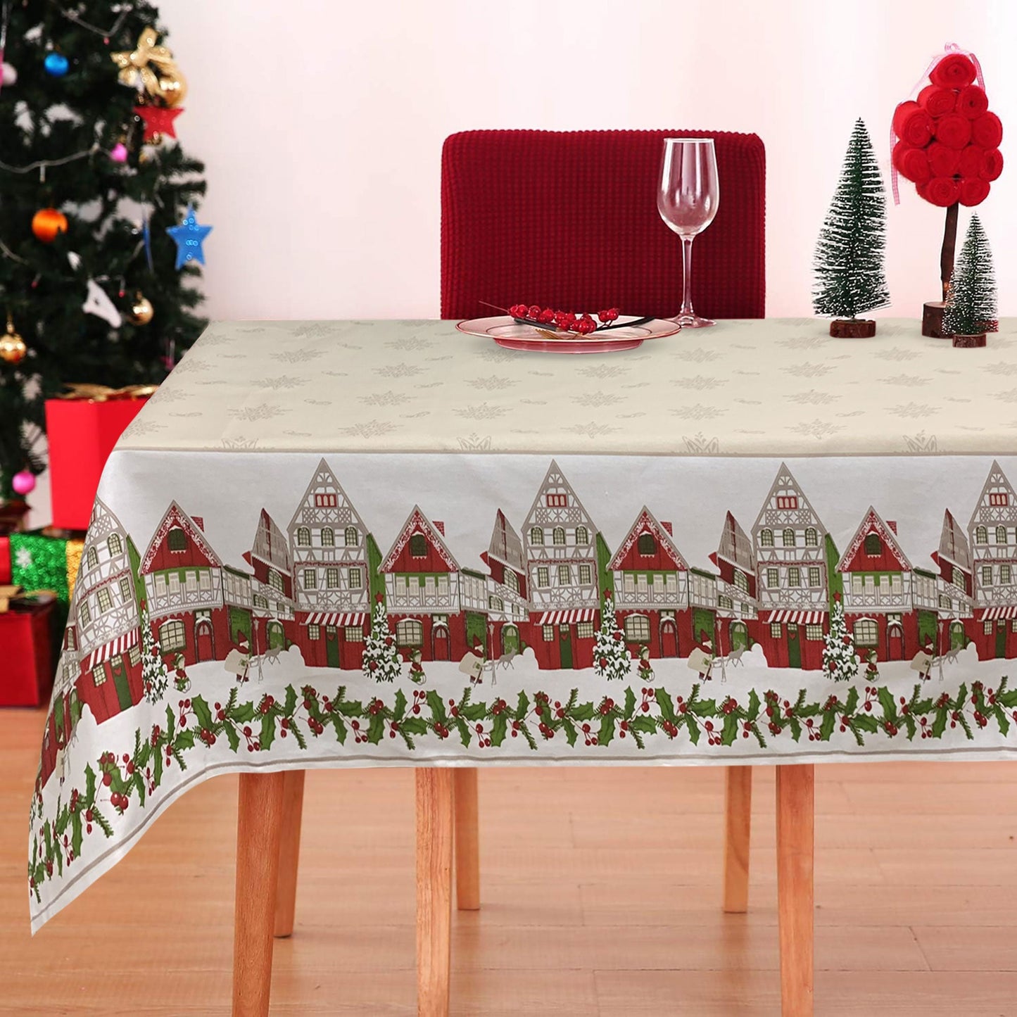 Tovaglia Natalizia panama stampata Preziosa Home 12 posti Natale Abete 6442