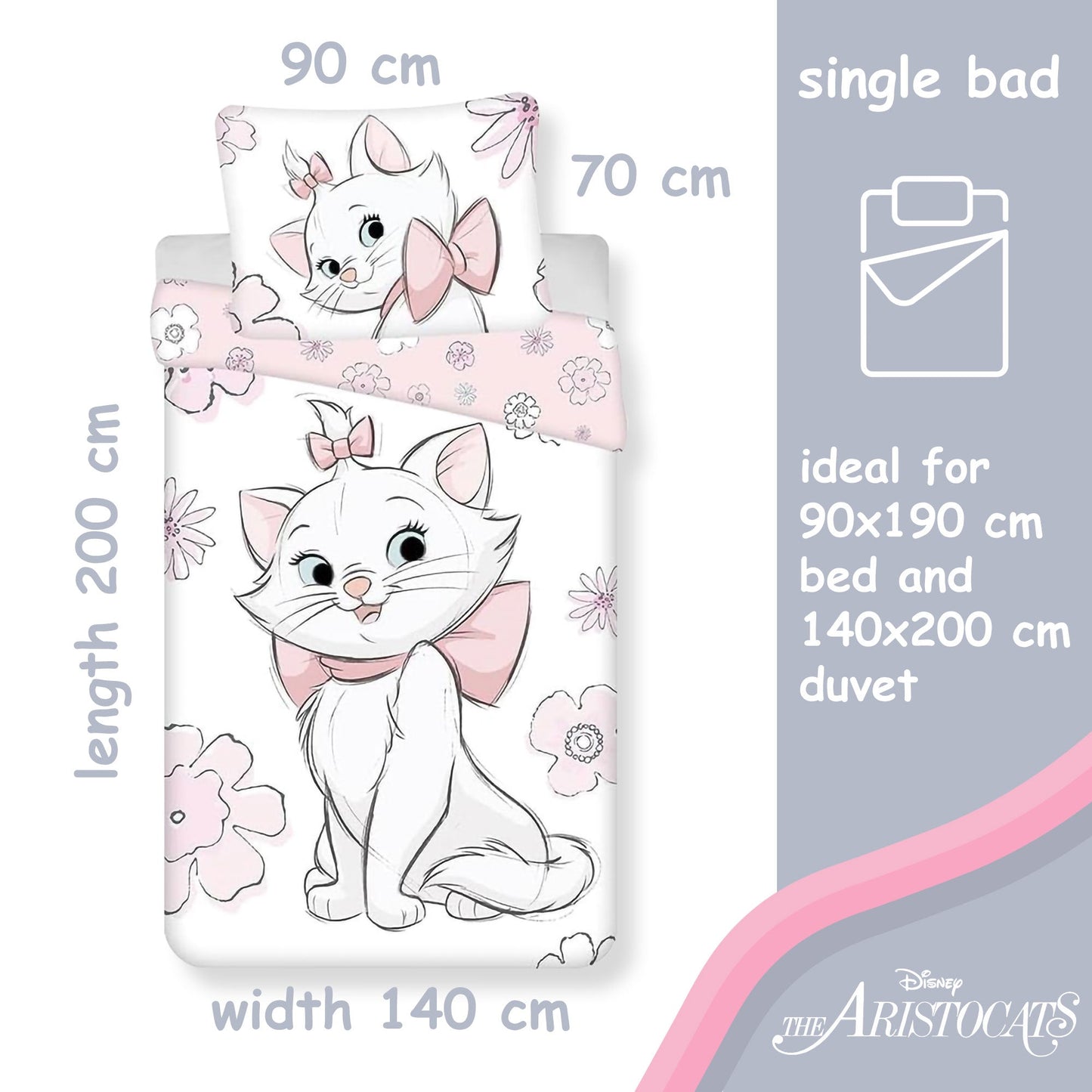 Set copripiumino Aristogatti Marie per letto singolo con federa in cotone 6550