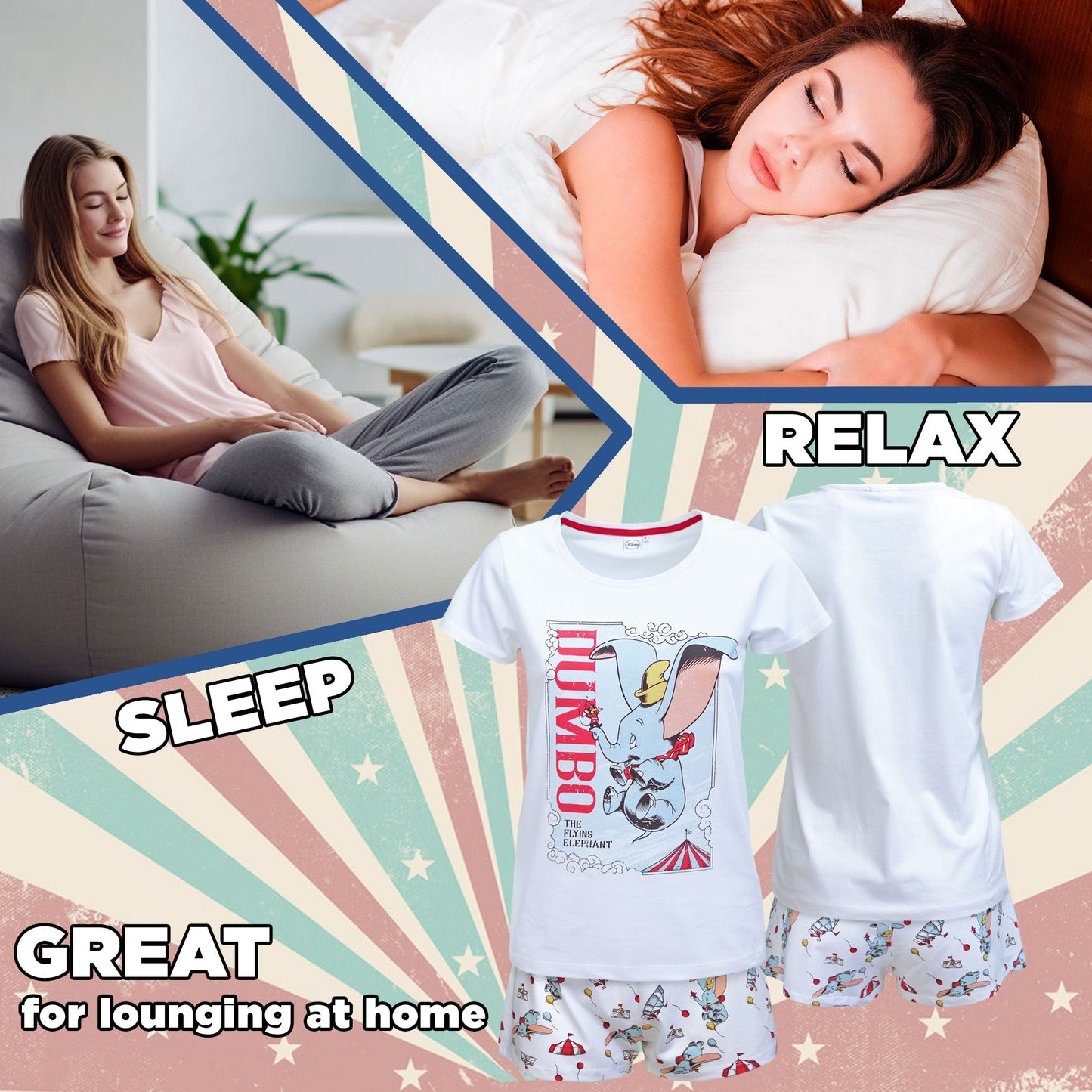 Pigiama donna Disney Dumbo T-shirt e shorties ragazza in cotone 6578