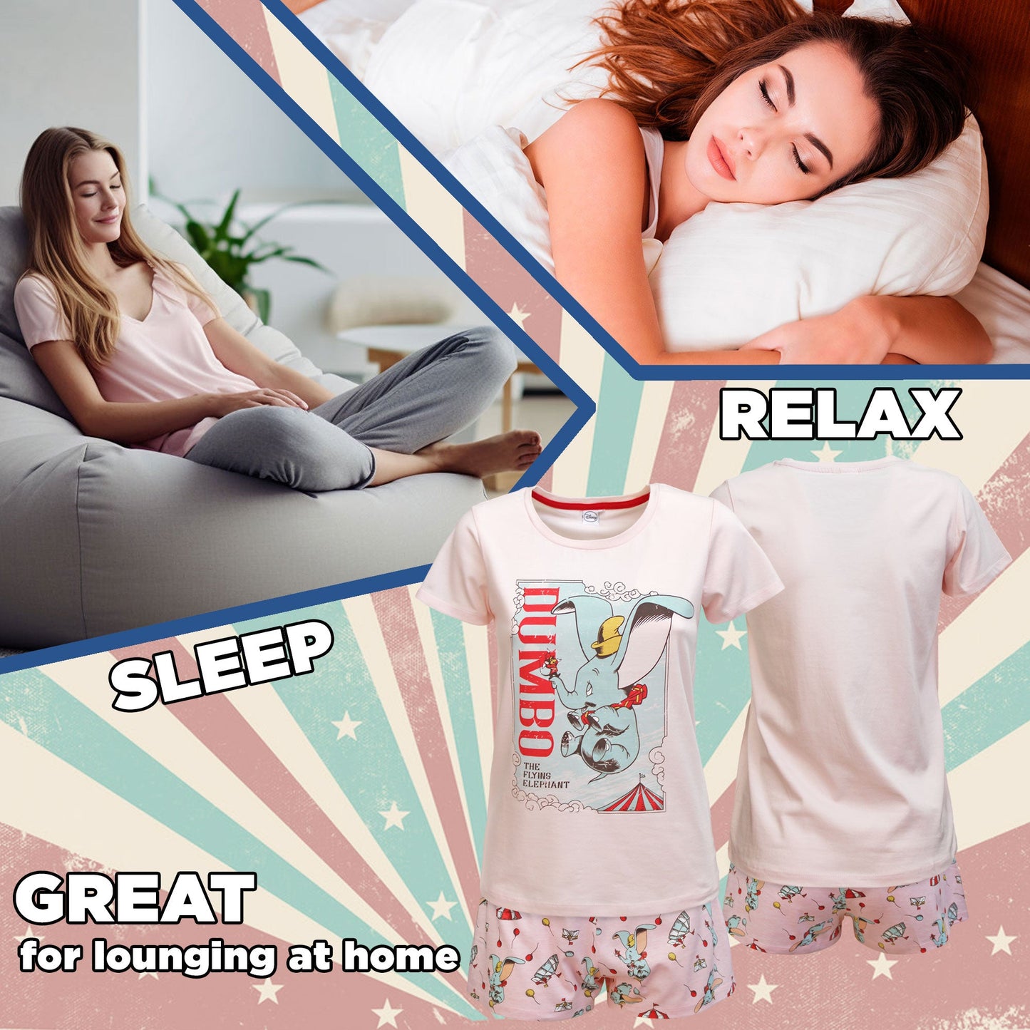 Pigiama donna Disney Dumbo T-shirt e shorties ragazza in cotone 6578