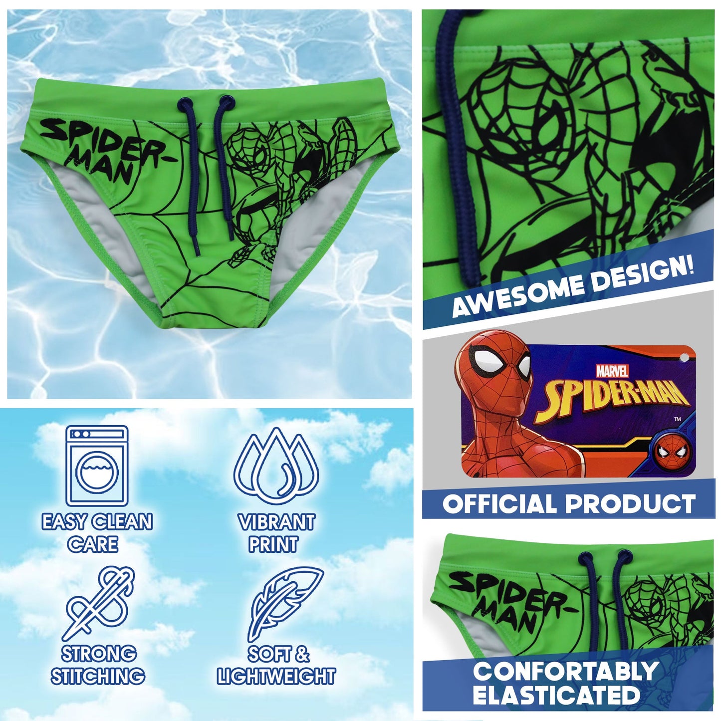 Costume da bagno bambino Marvel Spiderman mutandina slip fluo mare bimbo 6631