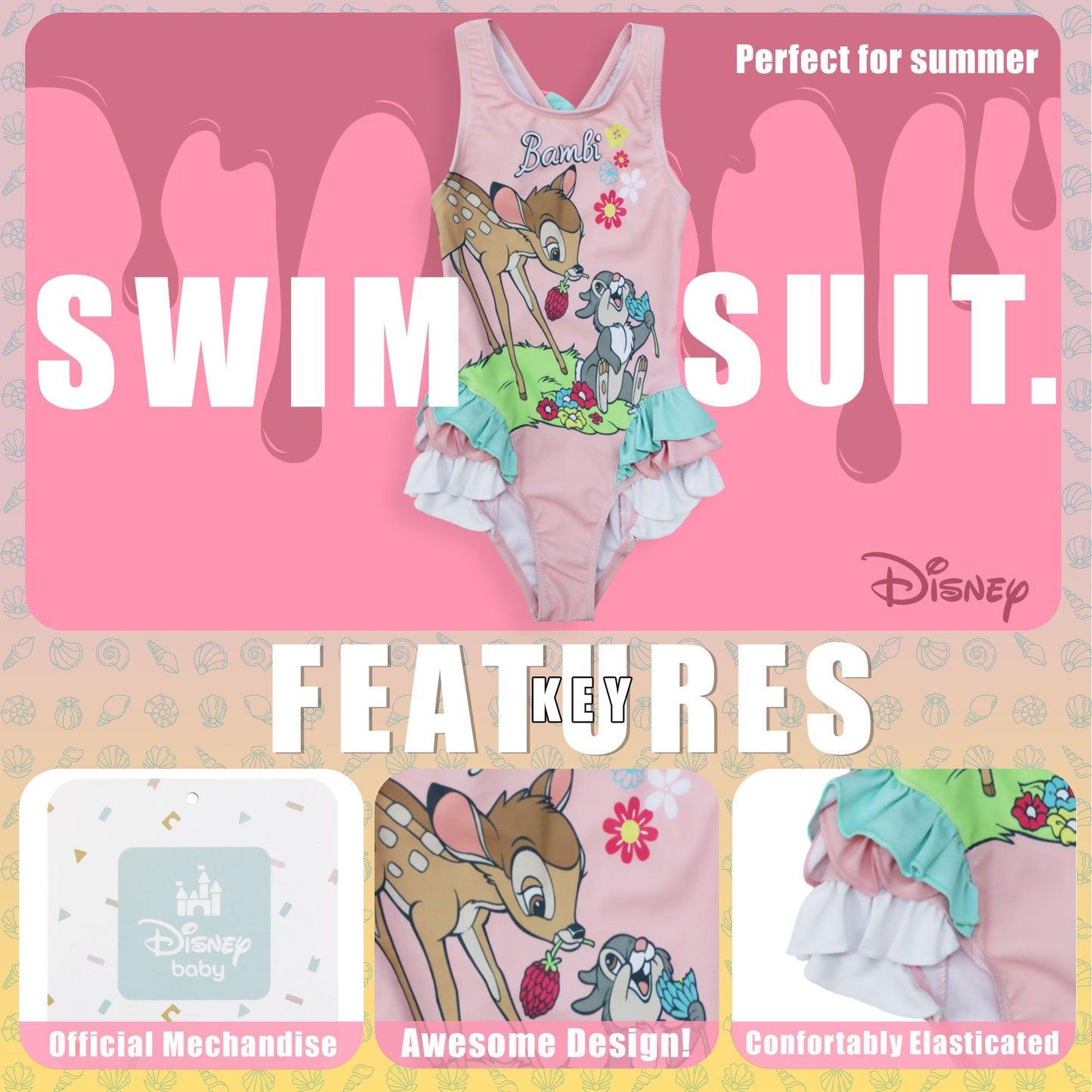 Costume da bagno intero mare Disney Bambi per neonato bambina 1 pezzo bimba 6661