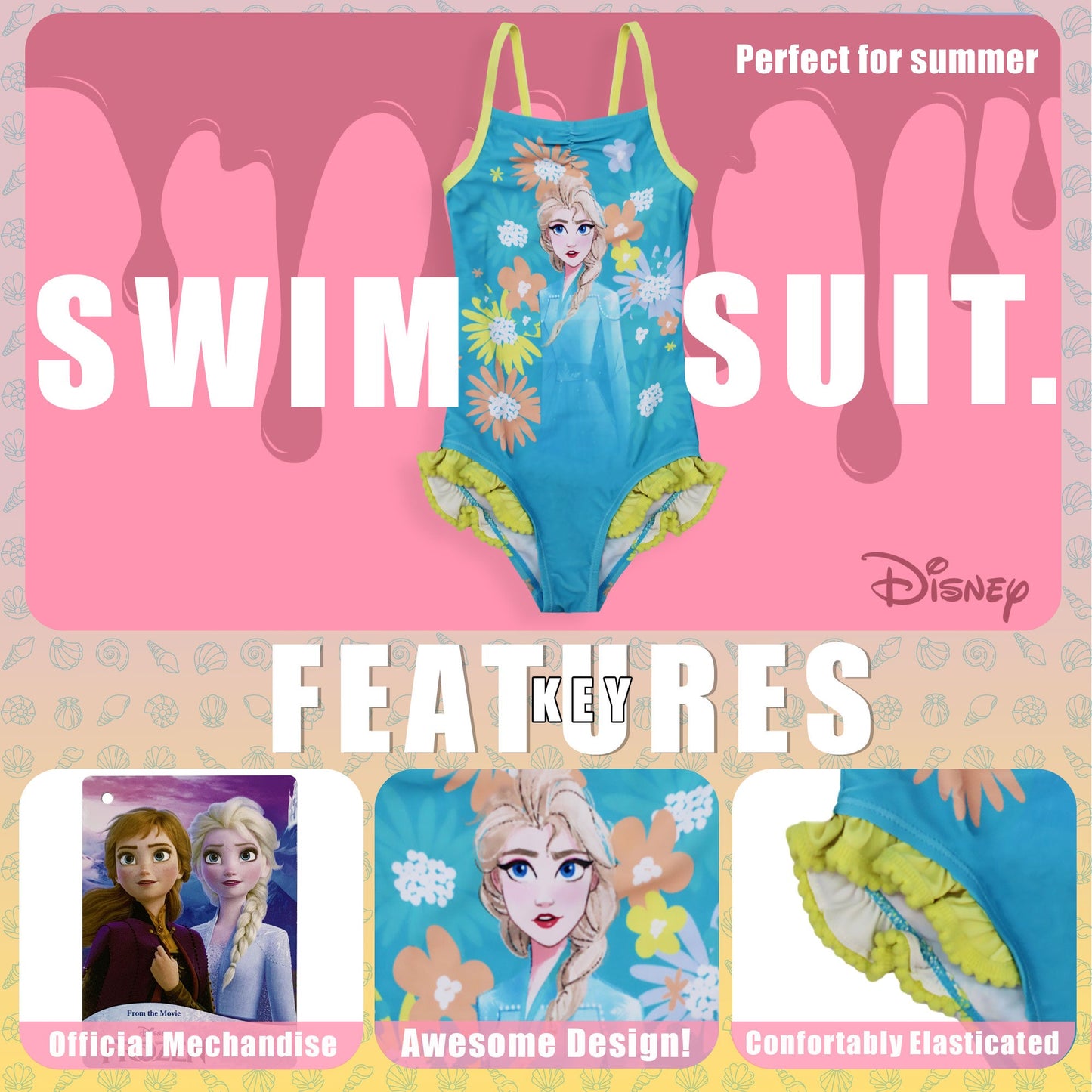 Costume da bagno intero mare bambina Disney Frozen Elsa 1 pezzo con volant 6664