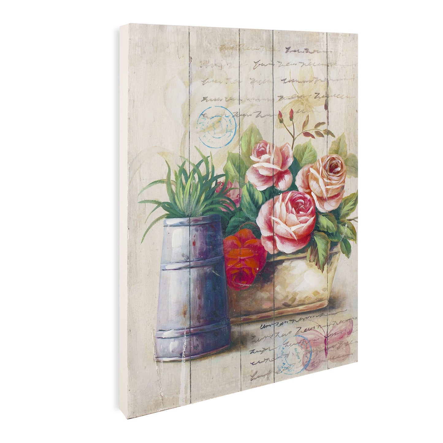 Quadro su legno decorativo Shabby Chic Nuvole di Stoffa cesto di fiori 6712