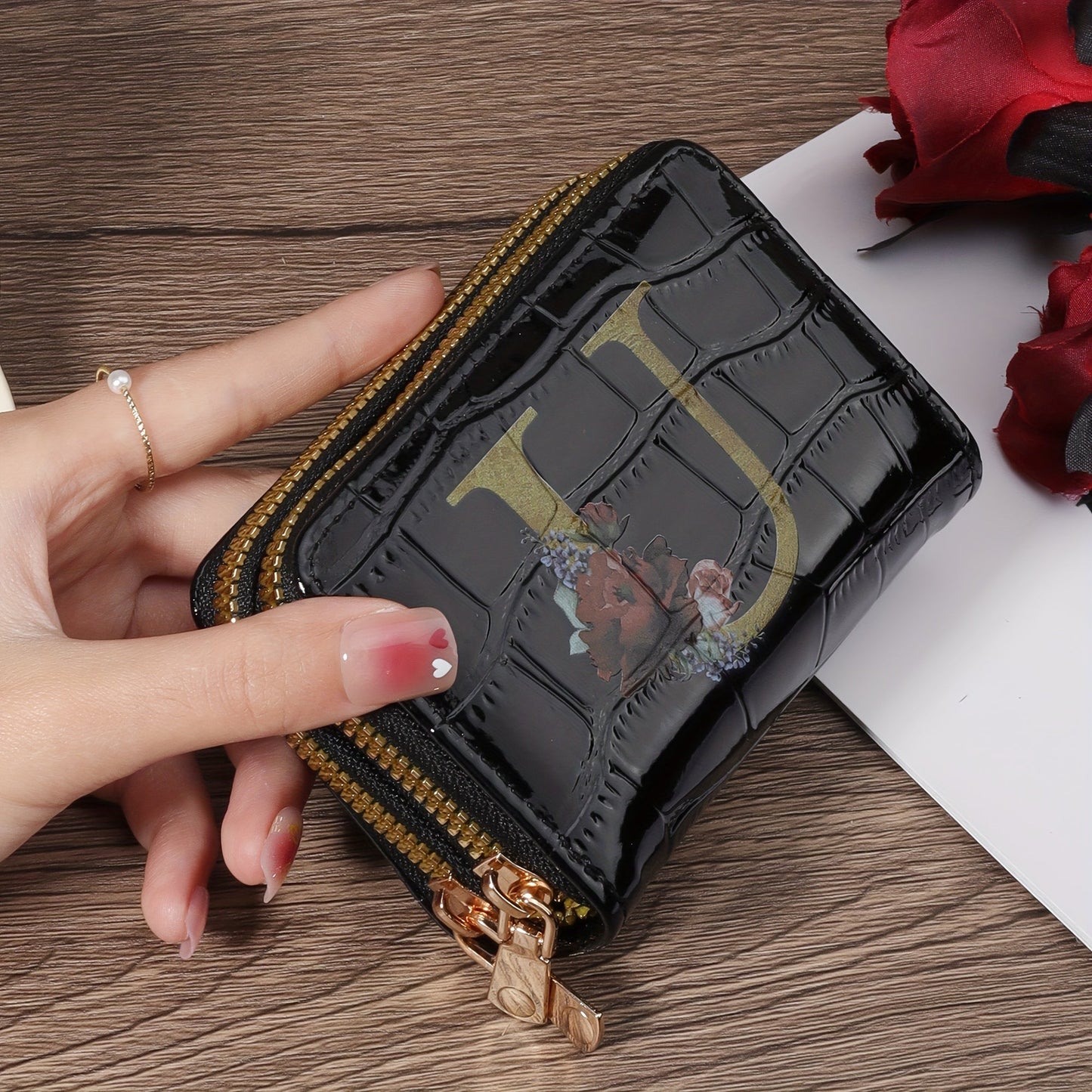 Floral Letter Pattern Credit Card Holder Small Business Card Case For Women Or Men Accordion Wallet With Zipper