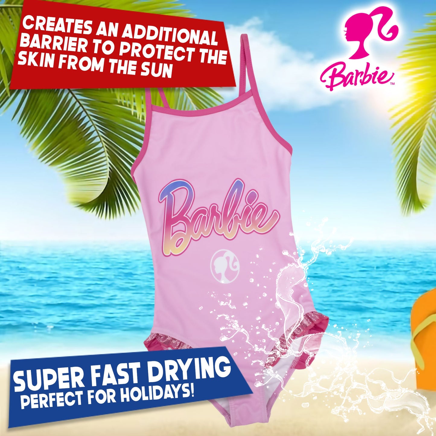 Costume da bagno intero Mattel Barbie bambina 1 pezzo con volant mare 6773