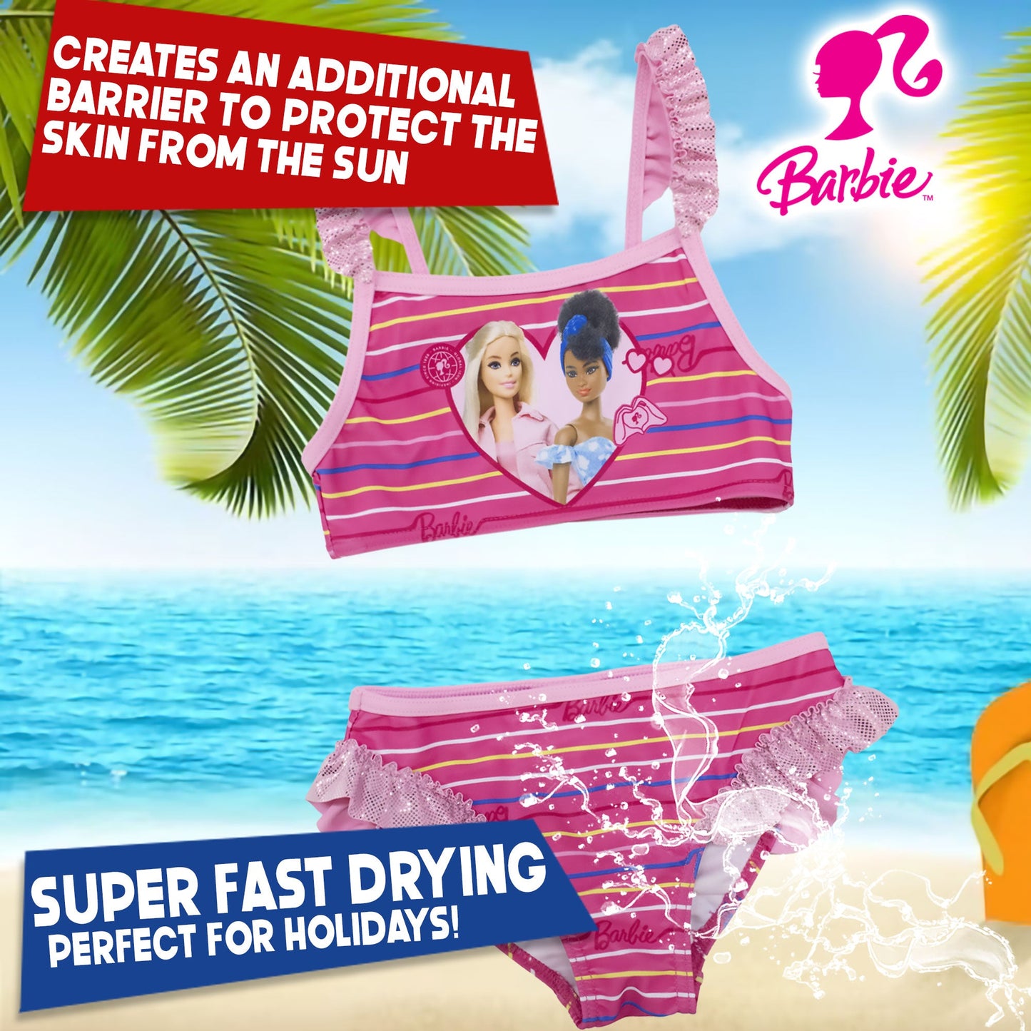Costume da bagno bikini Mattel Barbie bambina 2 pezzi con volant mare 6775