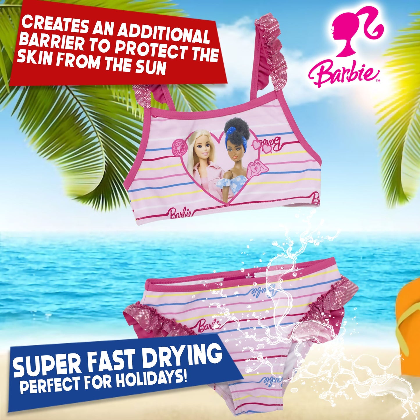 Costume da bagno bikini Mattel Barbie bambina 2 pezzi con volant mare 6775