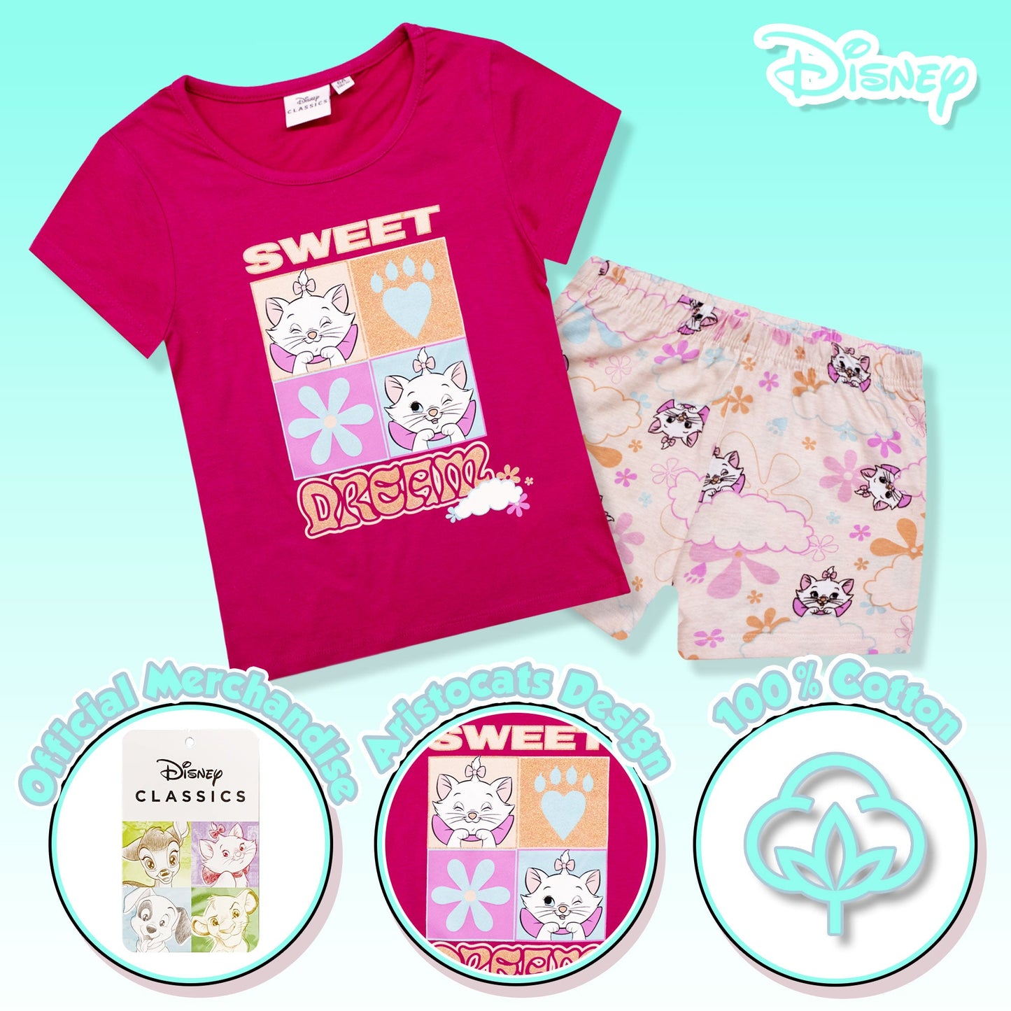 Pigiama bambina Disney Aristogatti Marie pantaloncino in cotone stampato 6788