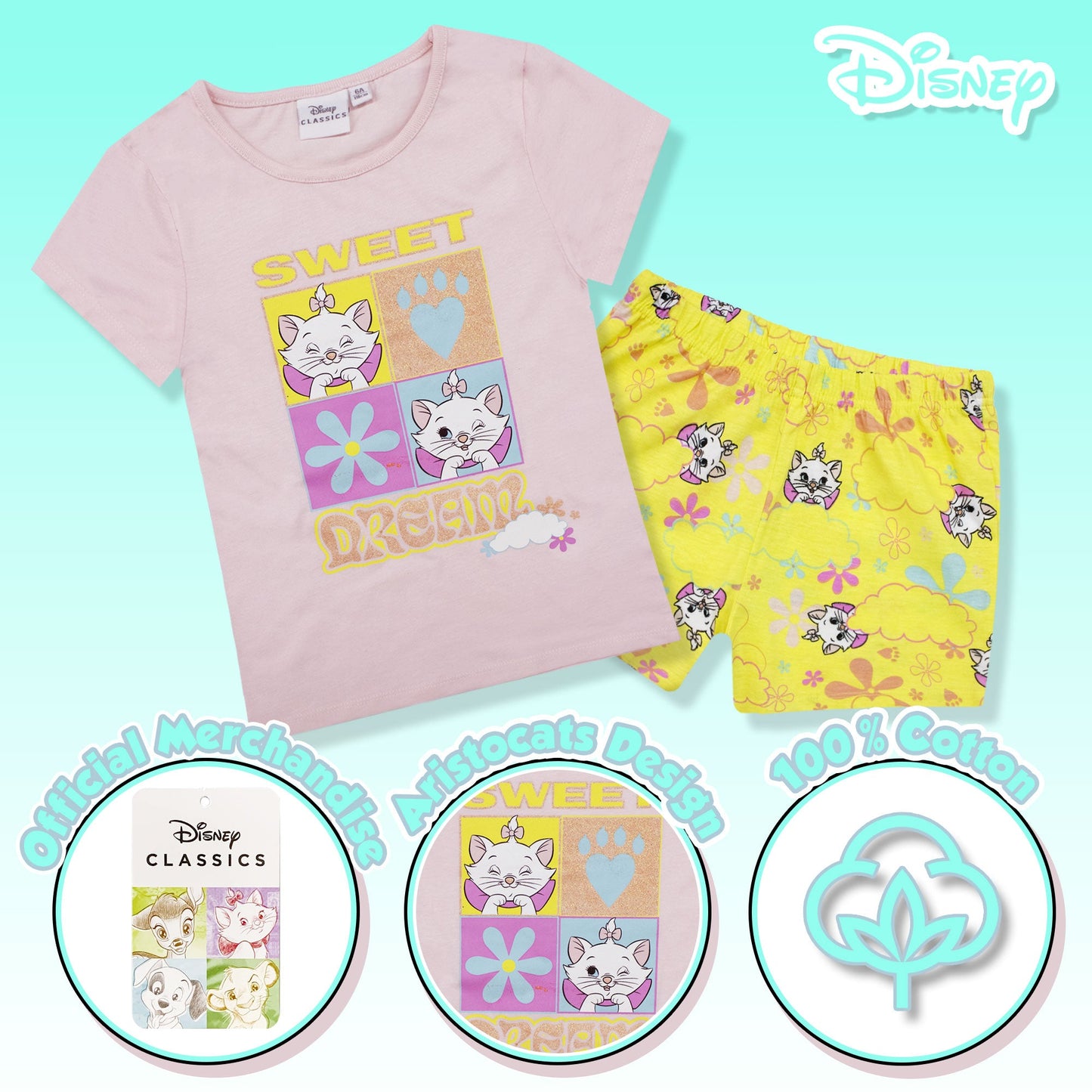 Pigiama bambina Disney Aristogatti Marie pantaloncino in cotone stampato 6788