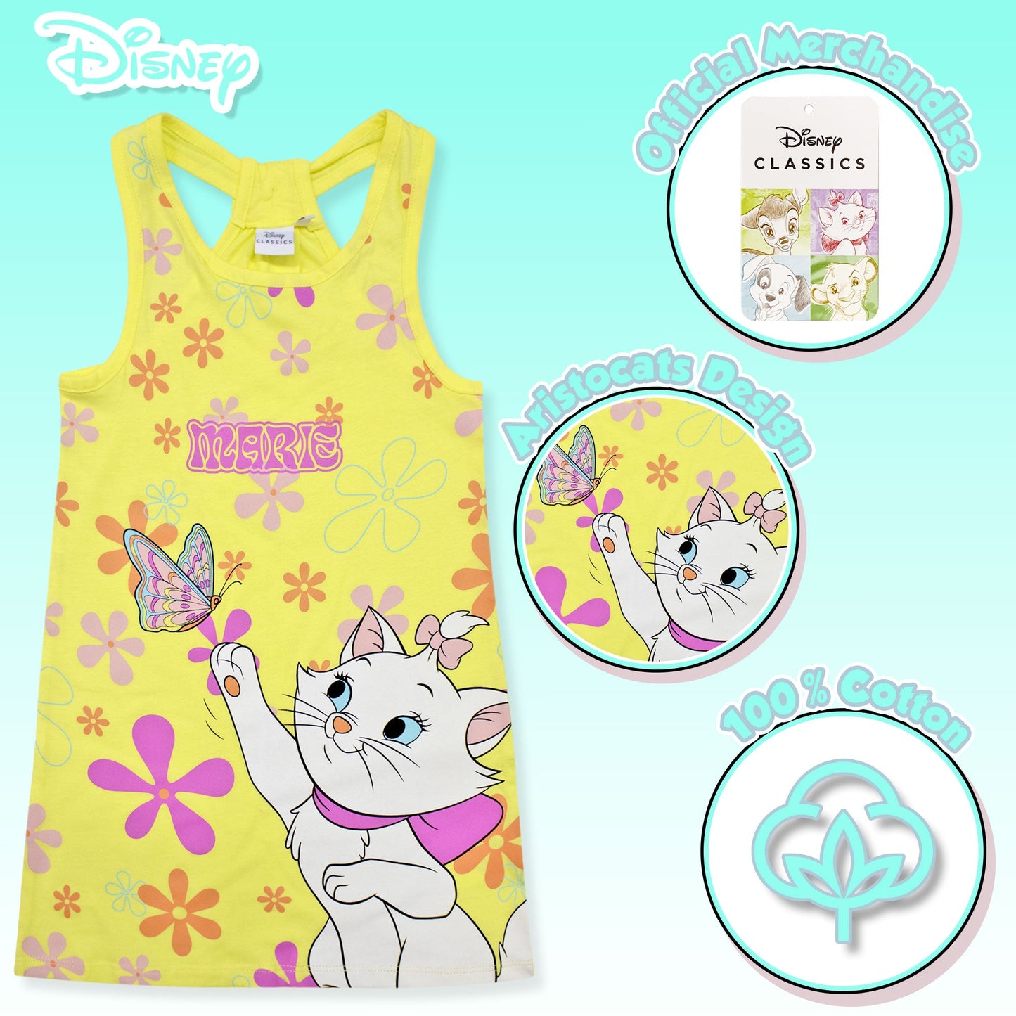 Abito bambina Disney Aristogatti Marie Vestito in cotone senza maniche 6792