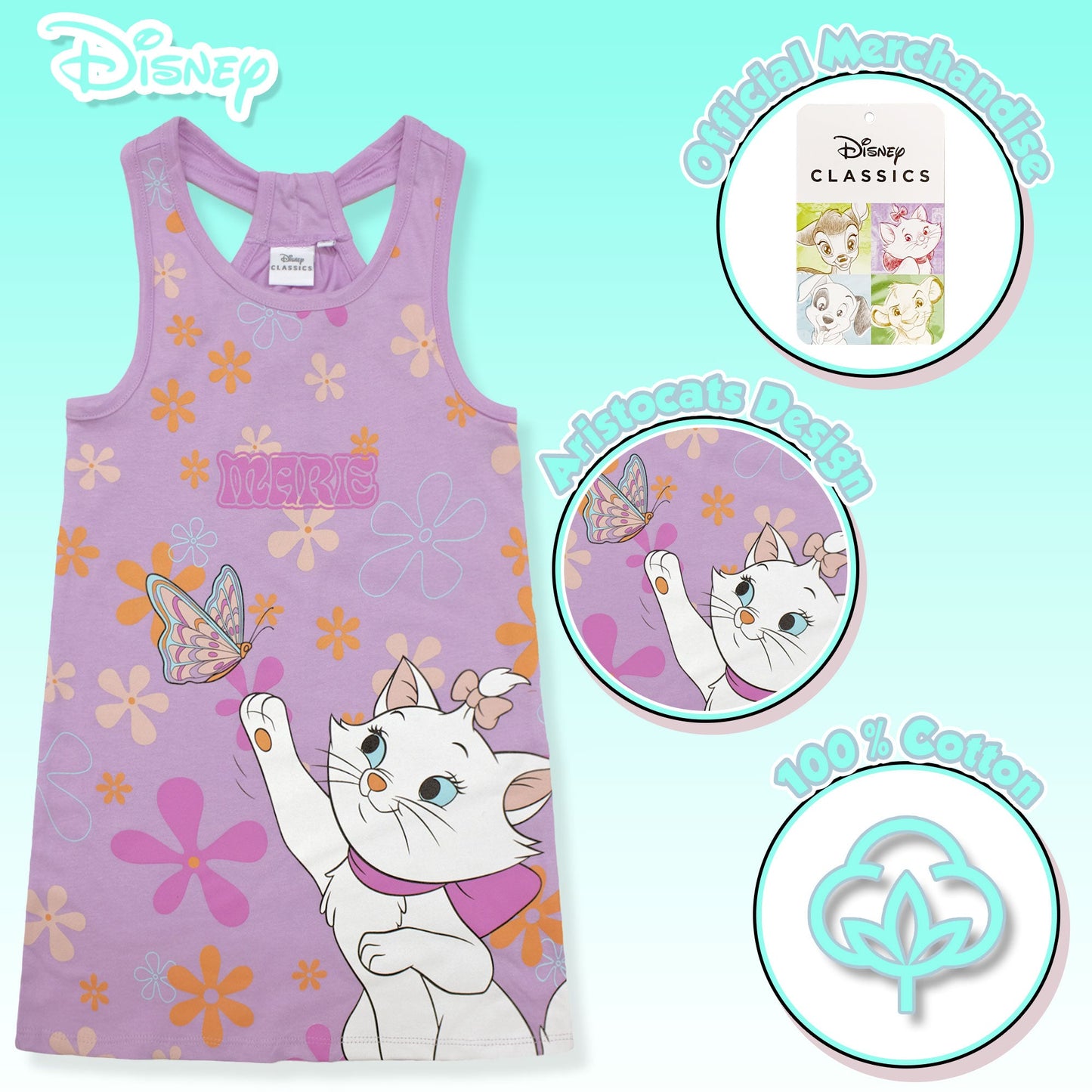 Abito bambina Disney Aristogatti Marie Vestito in cotone senza maniche 6792