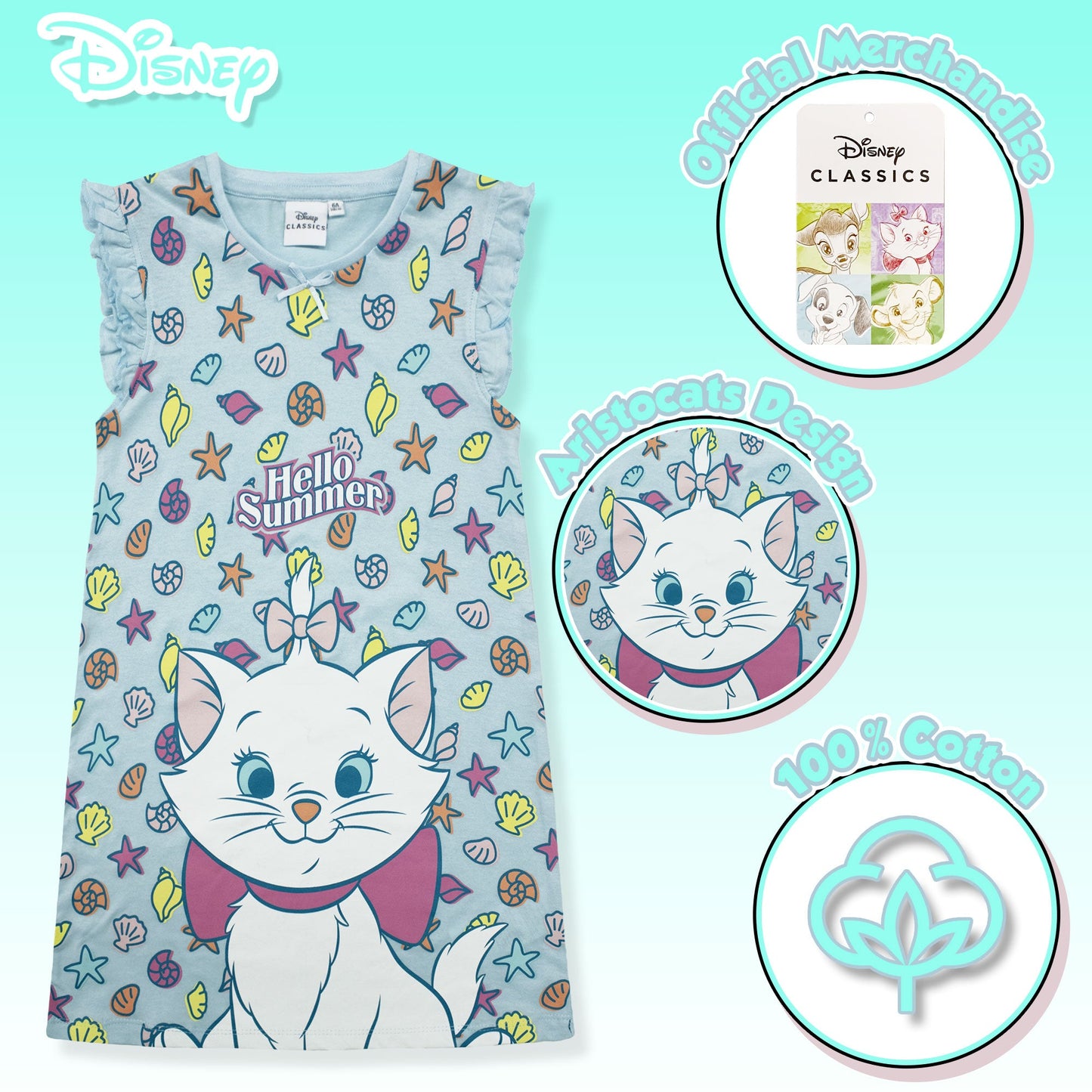 Camicia da notte bambina Disney Aristogatti Marie Vestito cotone con volant 6793