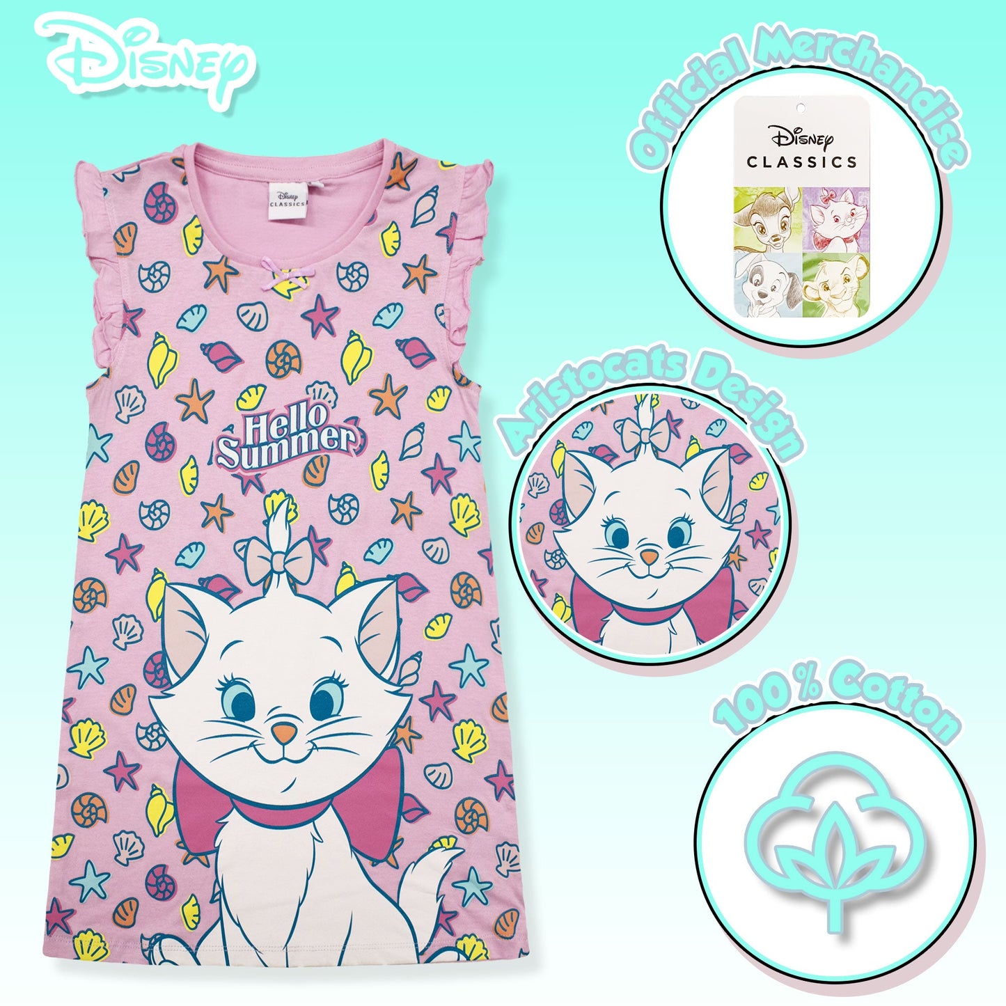Camicia da notte bambina Disney Aristogatti Marie Vestito cotone con volant 6793
