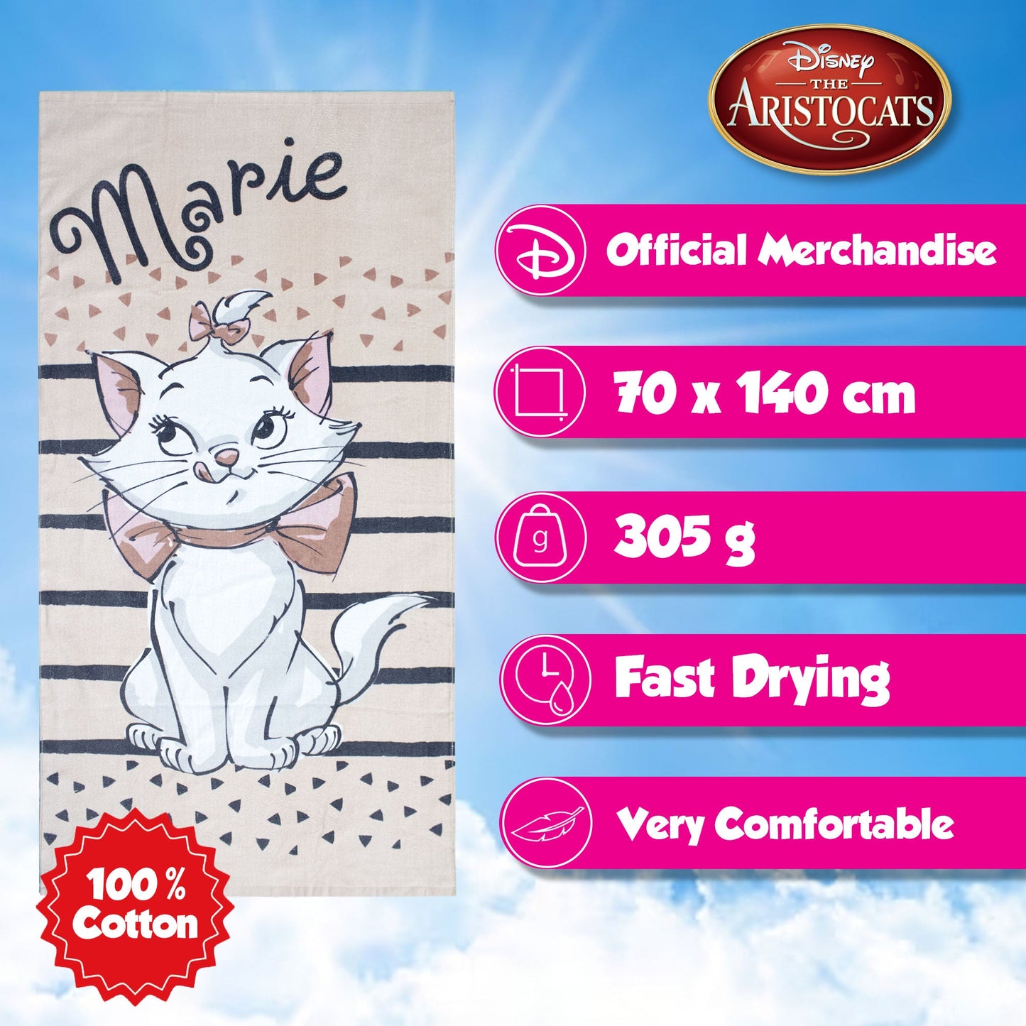 Telo mare Disney Aristogatti Marie in cotone 70x140cm asciugamano piscina 6811