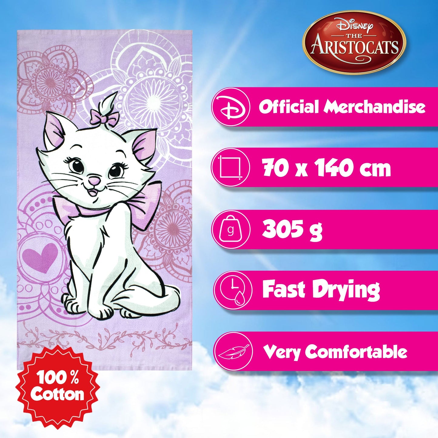 Telo mare Disney Aristogatti Marie in cotone 70x140cm asciugamano piscina 6812