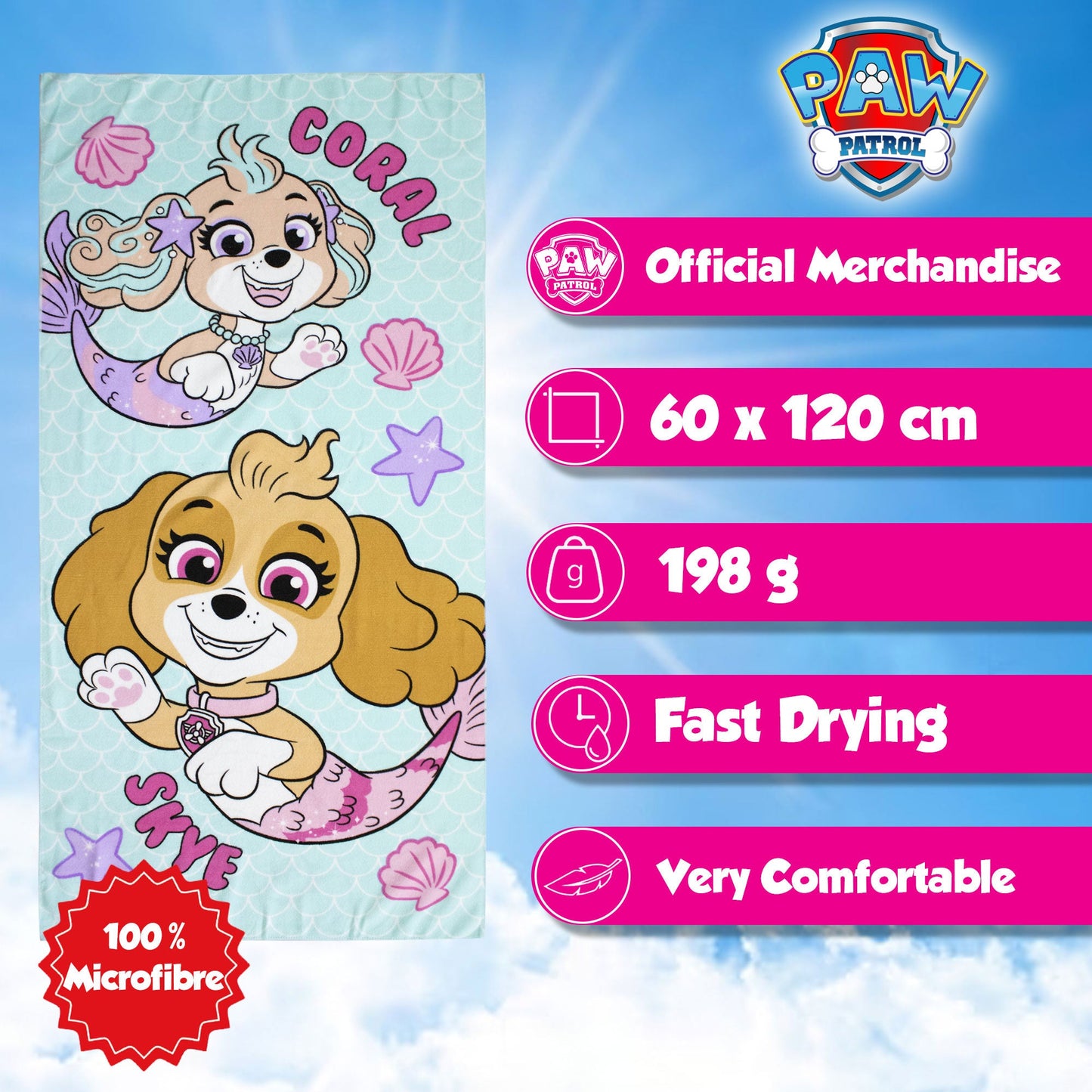 Telo mare Paw Patrol in microfibra 60x120cm asciugamano piscina 6814
