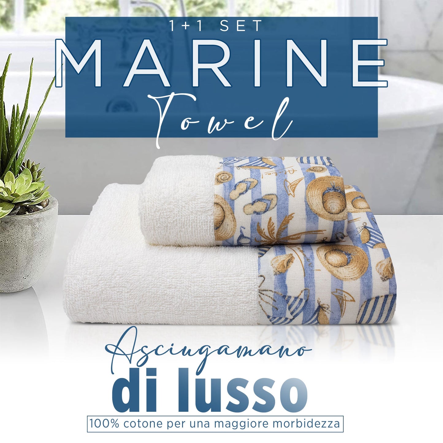 Asciugamani bagno stile marino Set 1+1 in spugna di cotone Viso e Ospite 6822