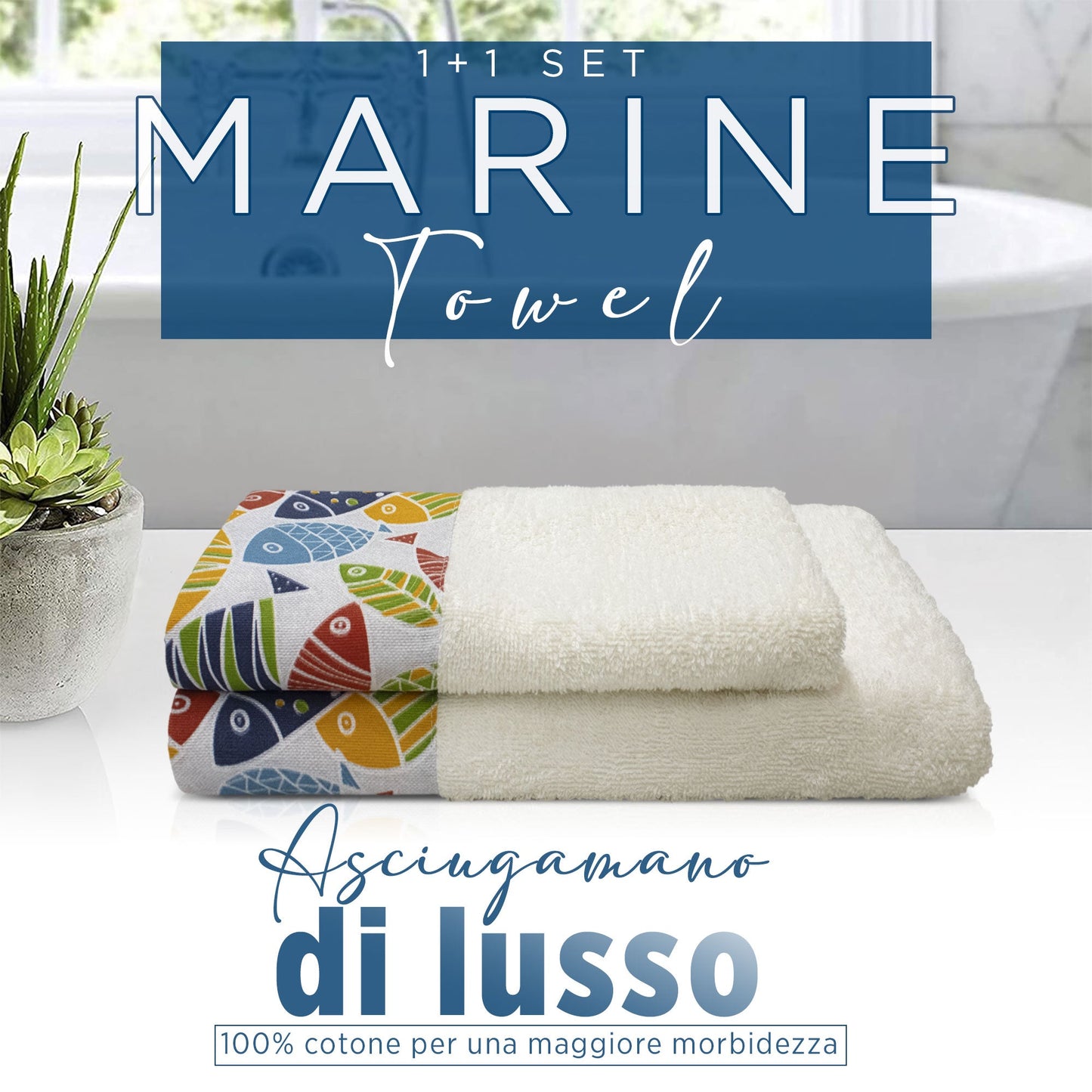Asciugamani bagno stile marino Set 1+1 in spugna di cotone Viso e Ospite 6822