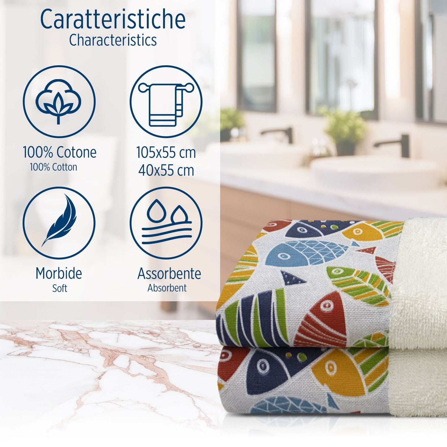 Asciugamani bagno stile marino Set 1+1 in spugna di cotone Viso e Ospite 6822