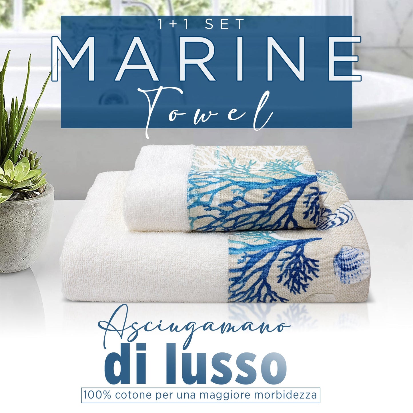 Asciugamani bagno stile marino Set 1+1 in spugna di cotone Viso e Ospite 6822