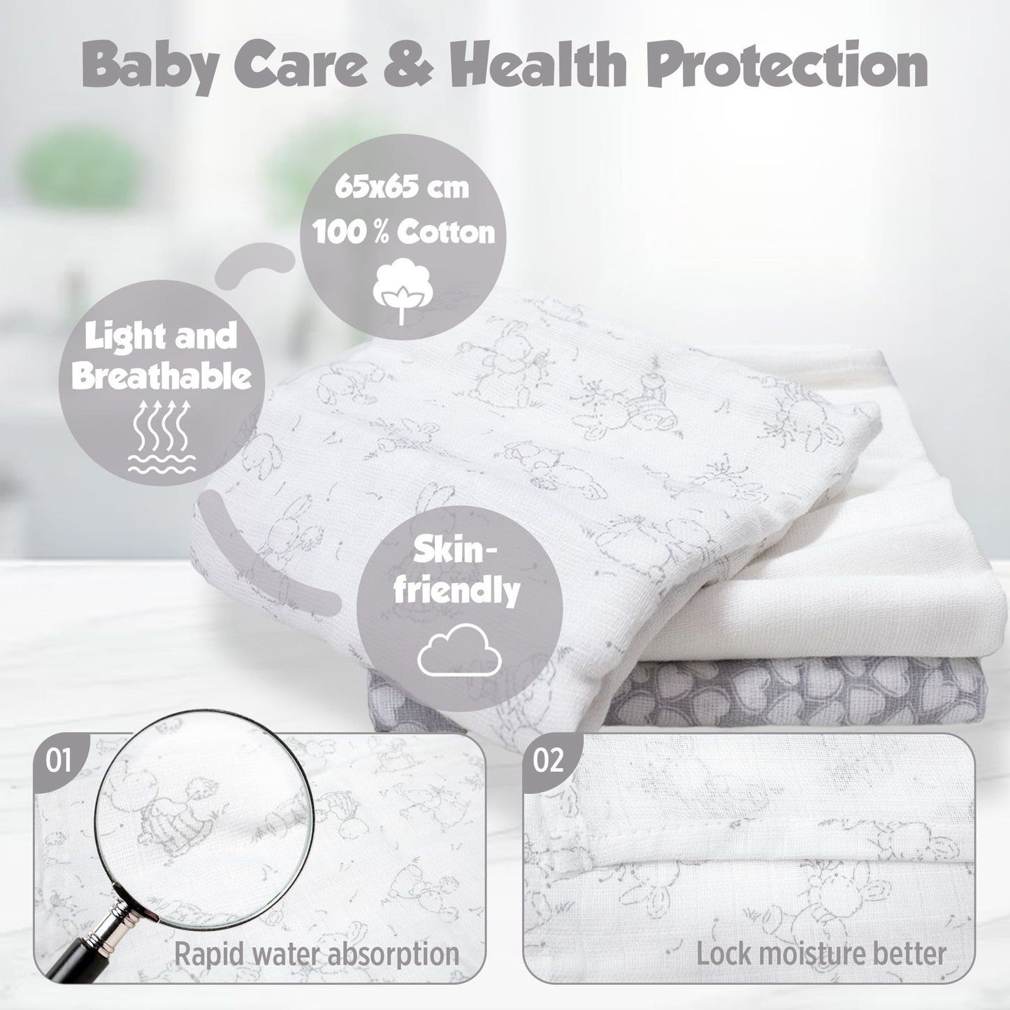 Mussole per neonato in cotone quadrati teli multiuso in garza 3 pezzi 6850