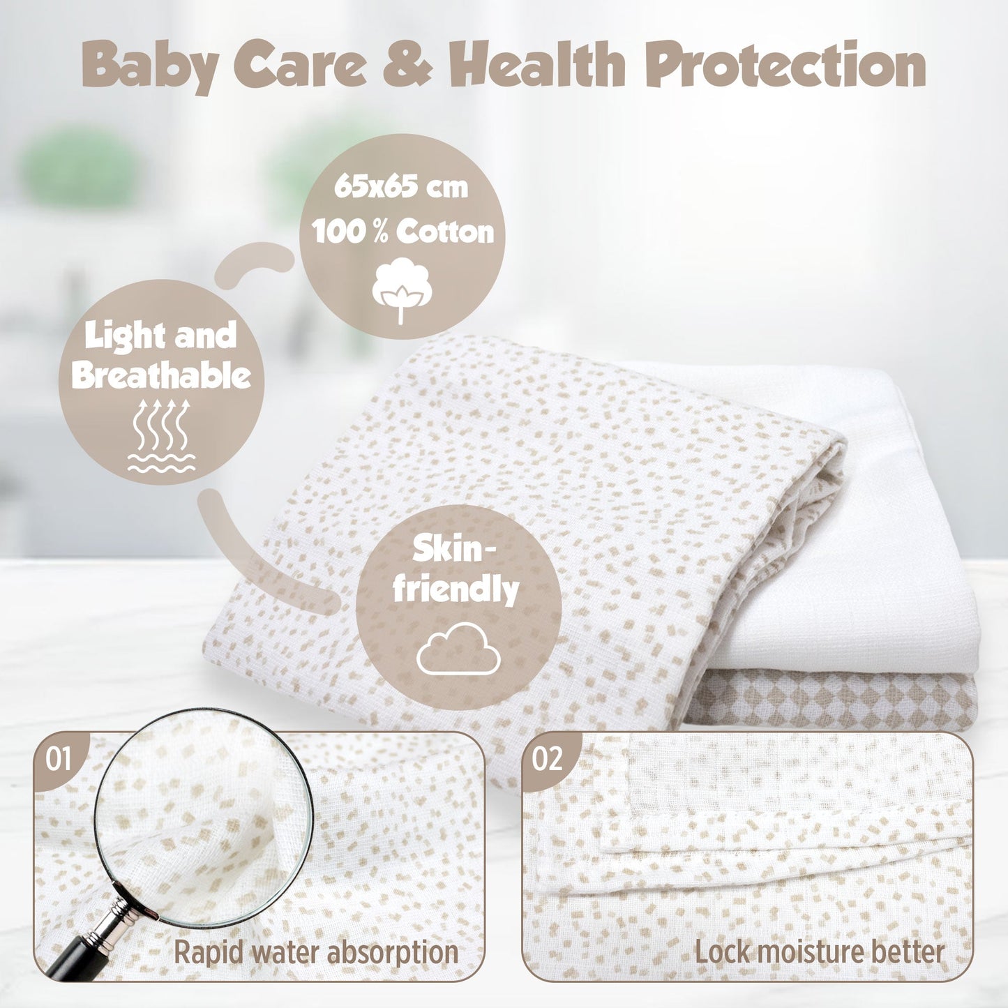 Mussole per neonato in cotone quadrati teli multiuso in garza 3 pezzi 6851