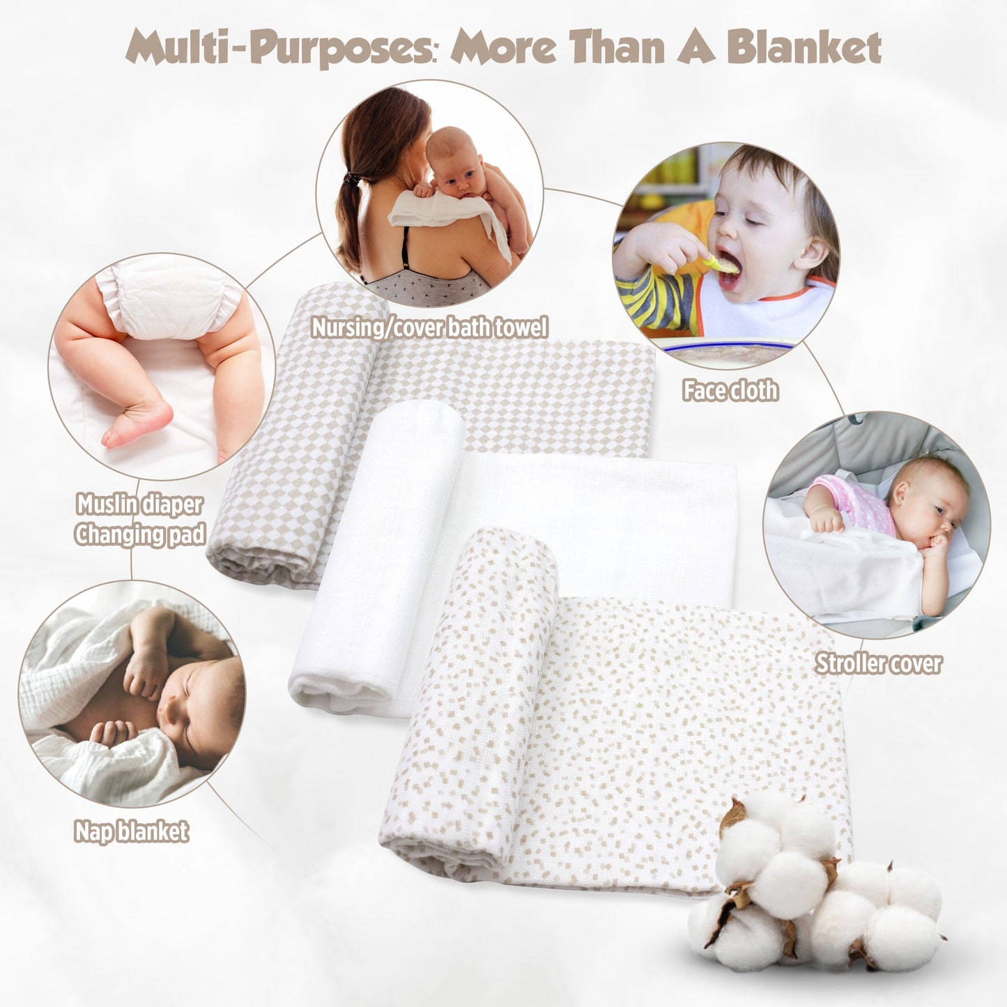 Mussole per neonato in cotone quadrati teli multiuso in garza 3 pezzi 6851