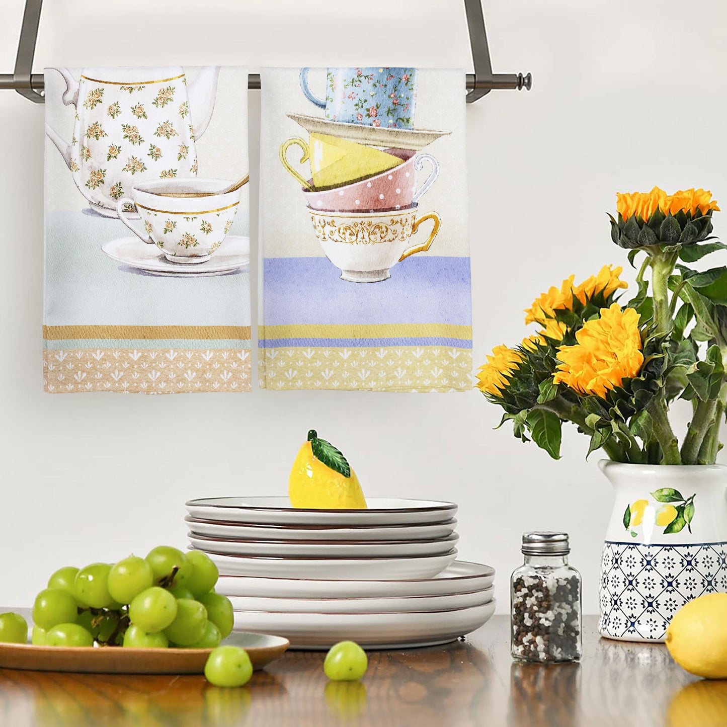 Set 6 Strofinacci cucina tazze e teiere canovacci Shabby Chic in cotone 6872