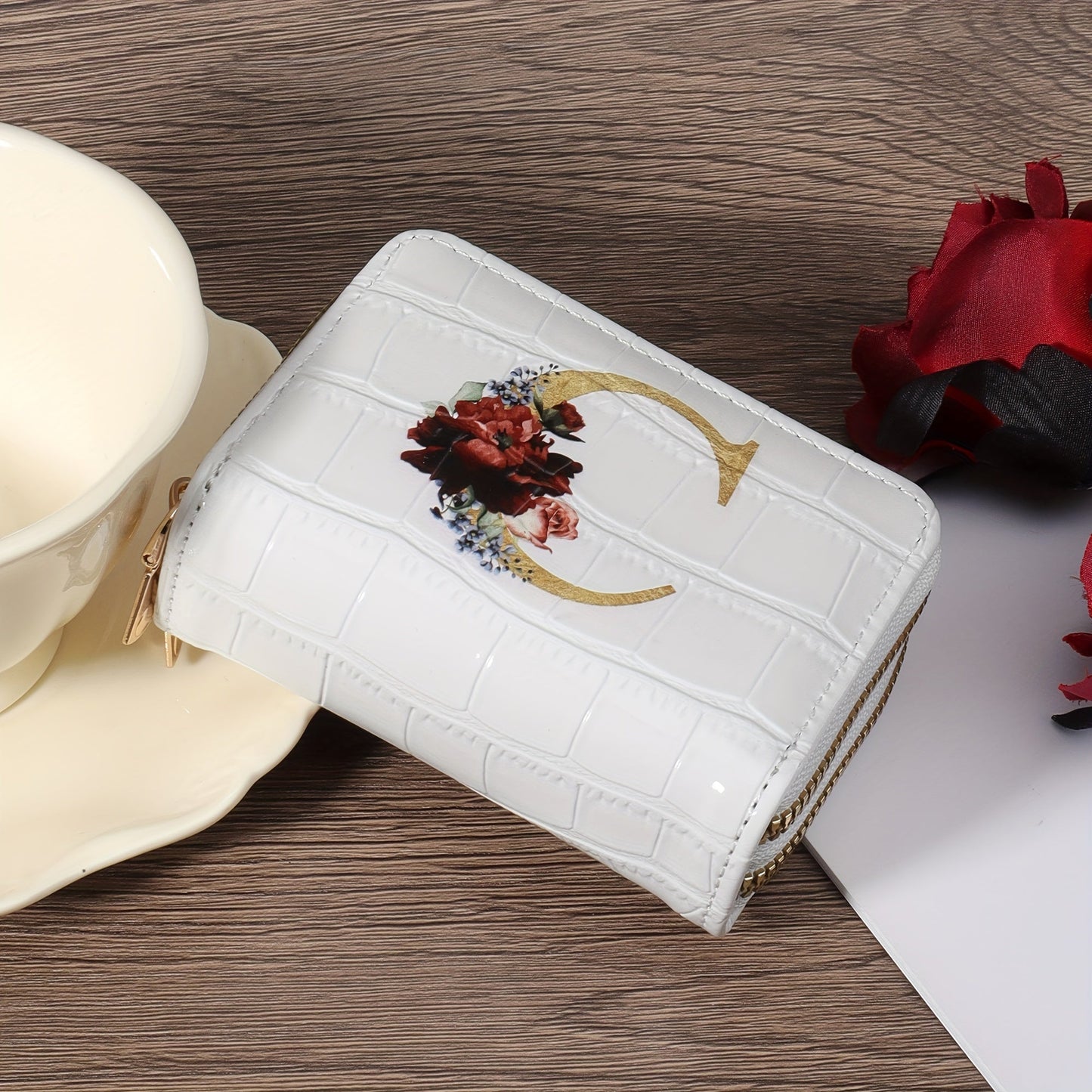 Floral Letter Pattern Credit Card Holder Small Business Card Case For Women Or Men Accordion Wallet With Zipper