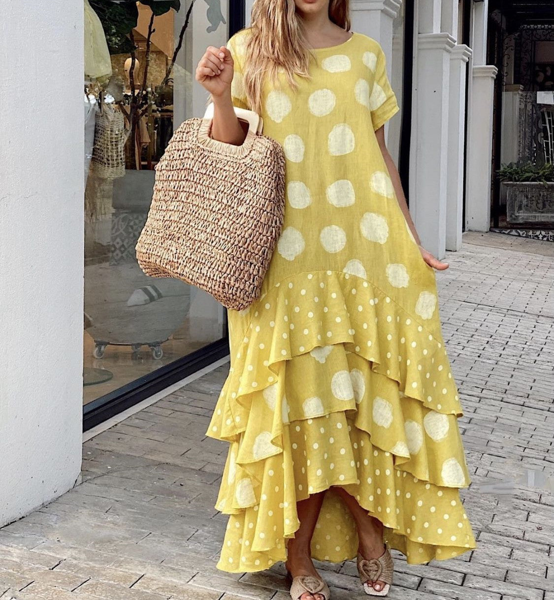 Round Neck Polka Dot Swing Long Dress Women