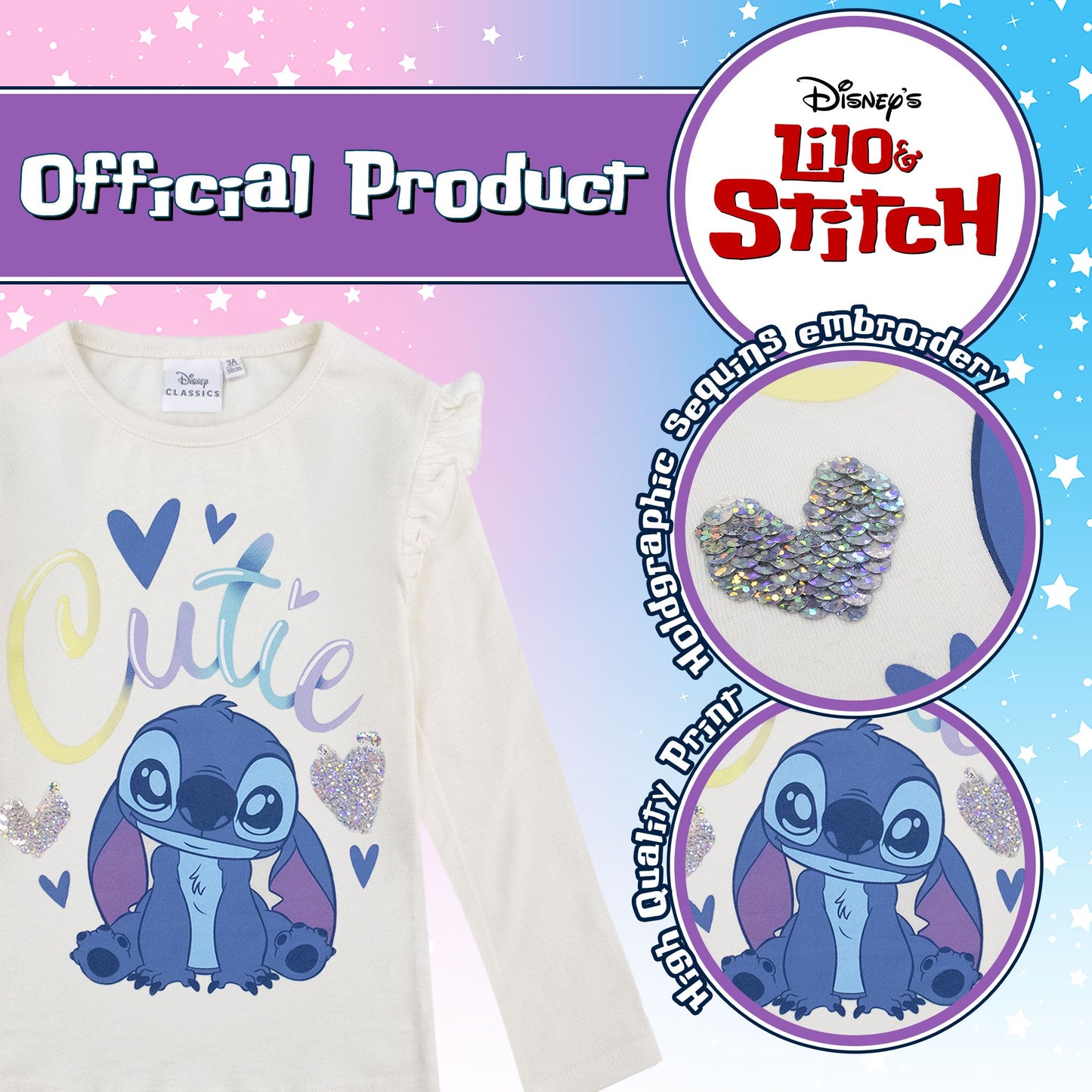 Maglietta Disney Lilo e Stitch per bambina maglia maniche lunghe in cotone 6962