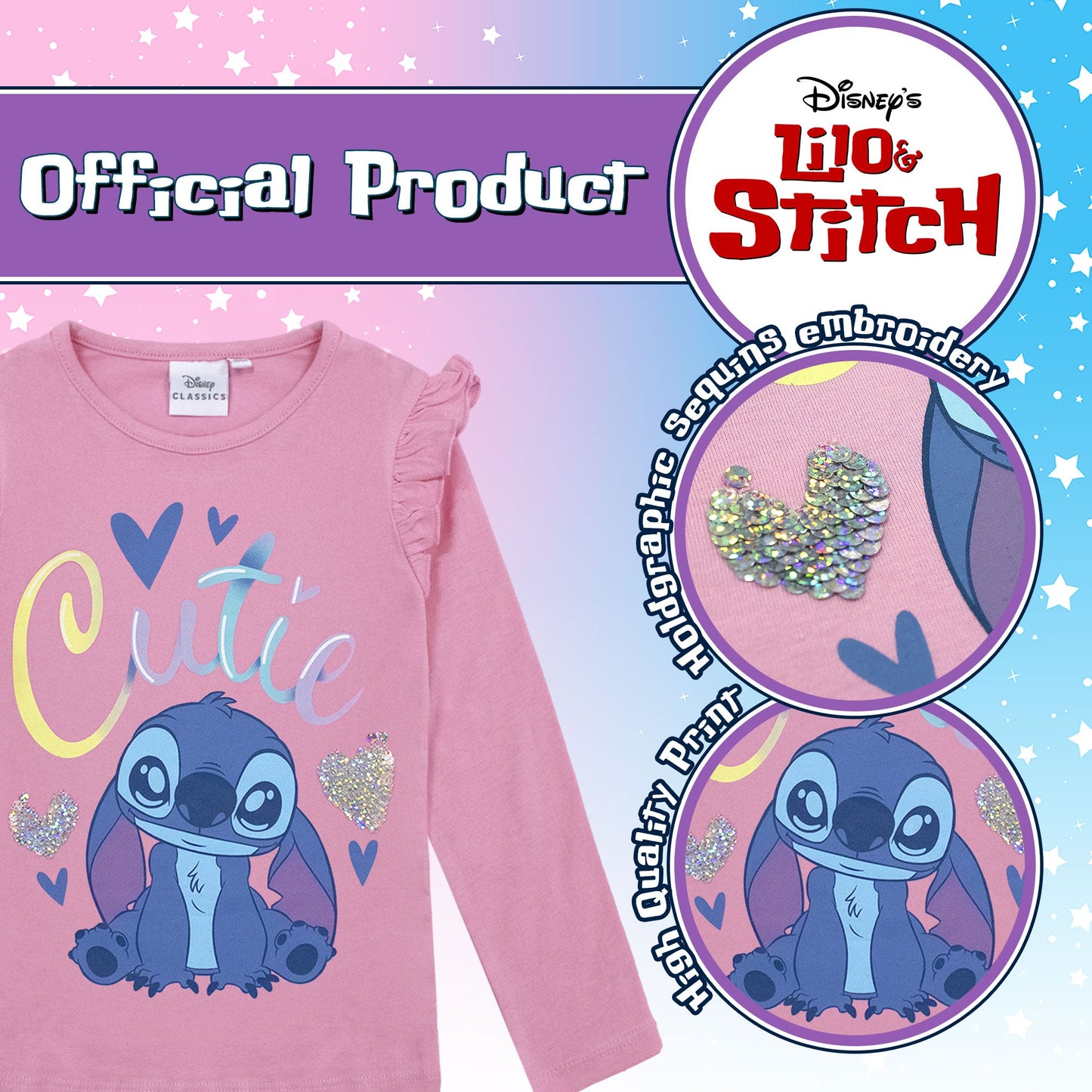 Maglietta Disney Lilo e Stitch per bambina maglia maniche lunghe in cotone 6962