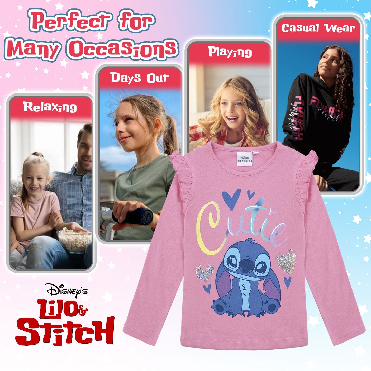 Maglietta Disney Lilo e Stitch per bambina maglia maniche lunghe in cotone 6962