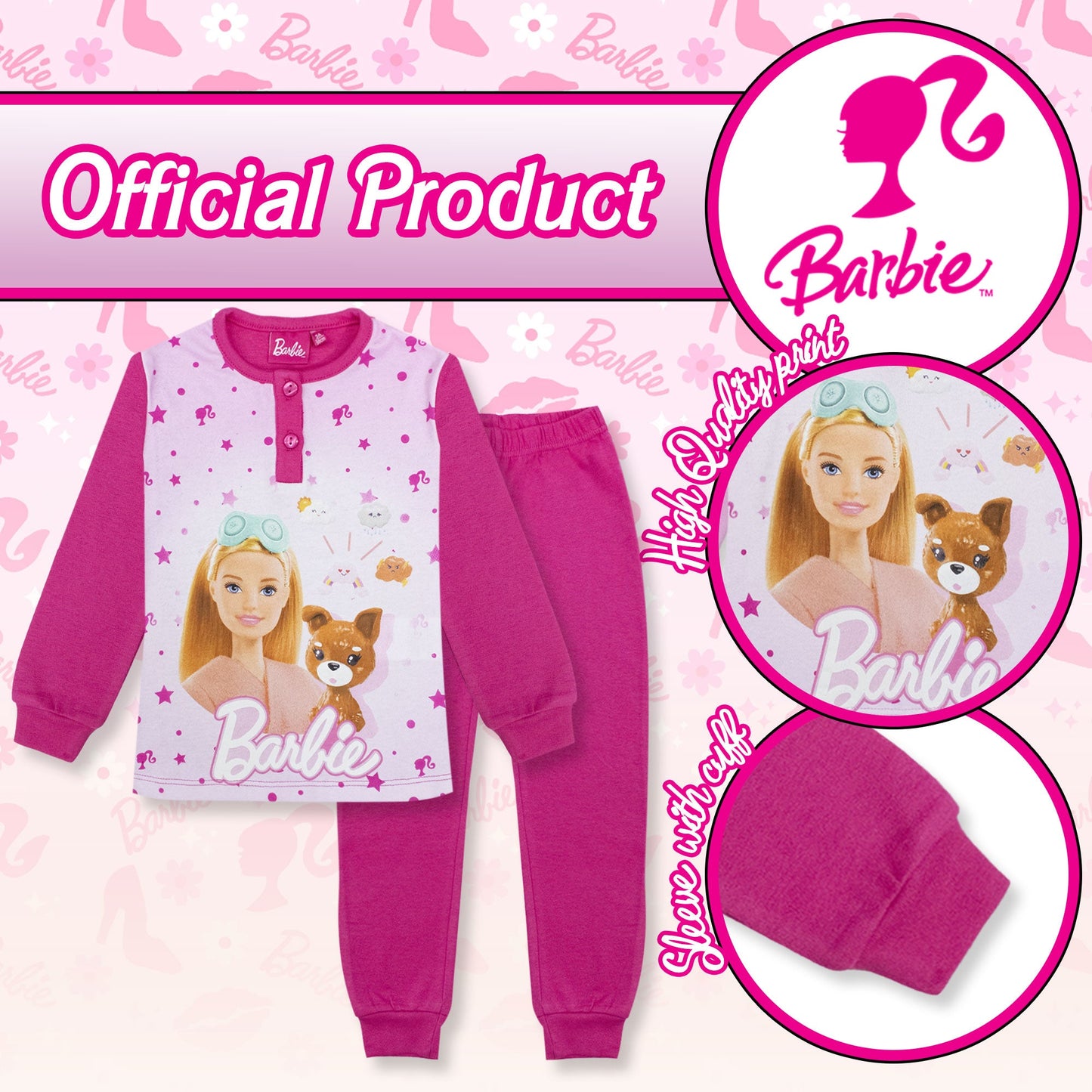 Pigiama Barbie lungo in caldo cotone invernale per bambina maniche lunghe 6965