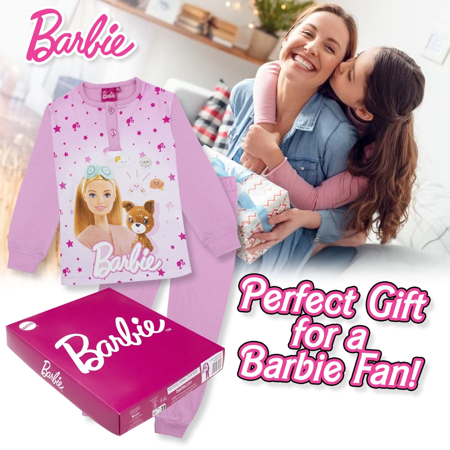 Pigiama Barbie lungo in caldo cotone invernale per bambina maniche lunghe 6965