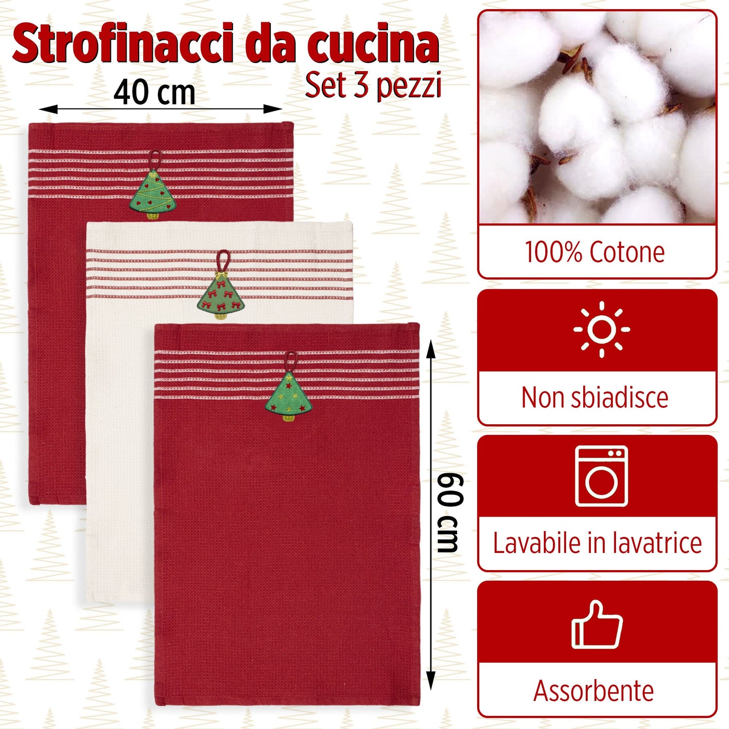 Set Strofinacci Natalizi Canovacci ricamati 3 Pezzi Decoro Natale 6971