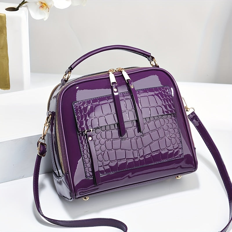 Elegant Crocodile Pattern Patent Leather Handbag, Retro Style, Vintage Square Shoulder Bag, Faux Leather Crossbody With Adjustable Strap For Women