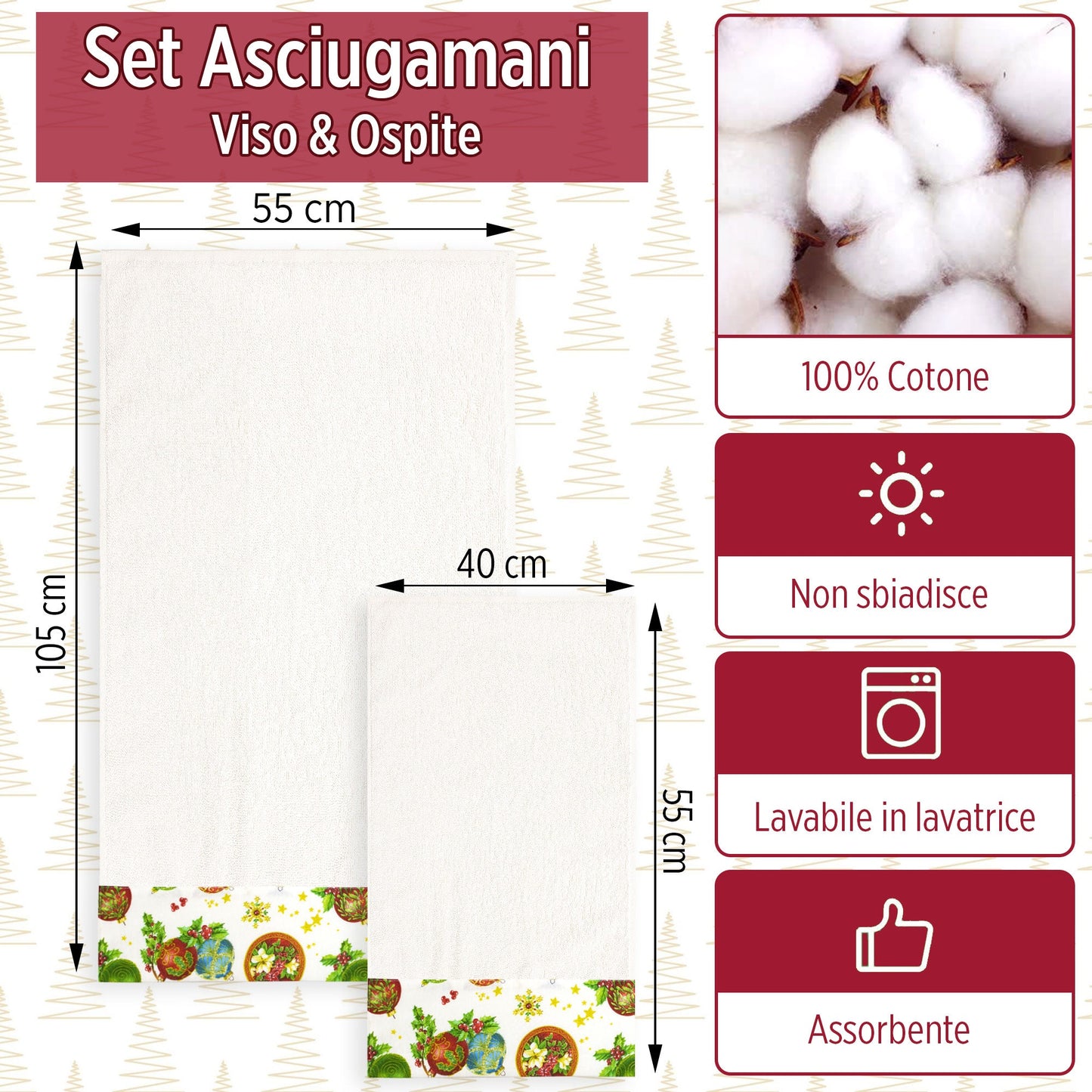 Asciugamani Natalizi Bagno set 1+1 in Spugna di Cotone Decoro Natale 6982