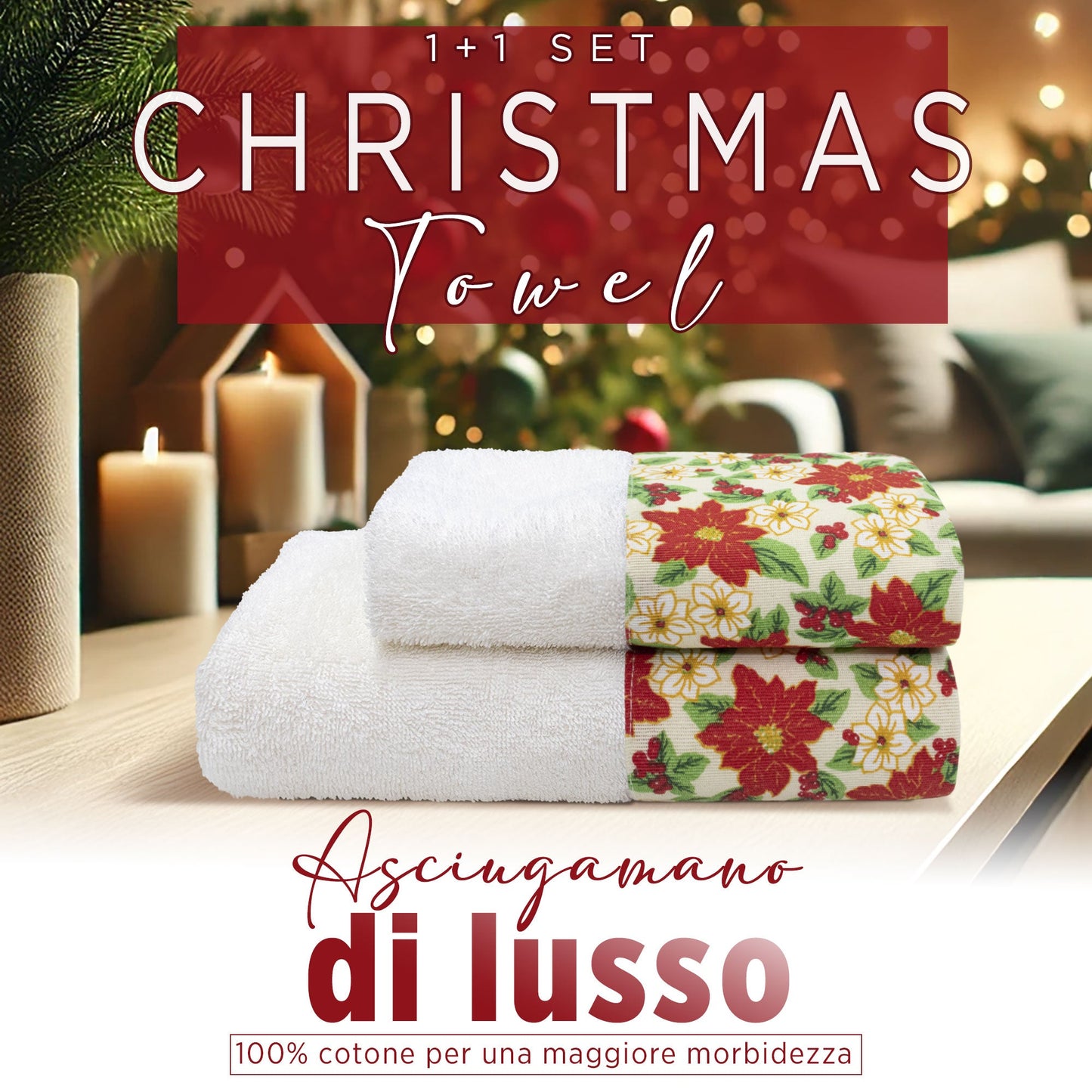 Asciugamani Natalizi Bagno set 1+1 in Spugna di Cotone Decoro Natale 6982