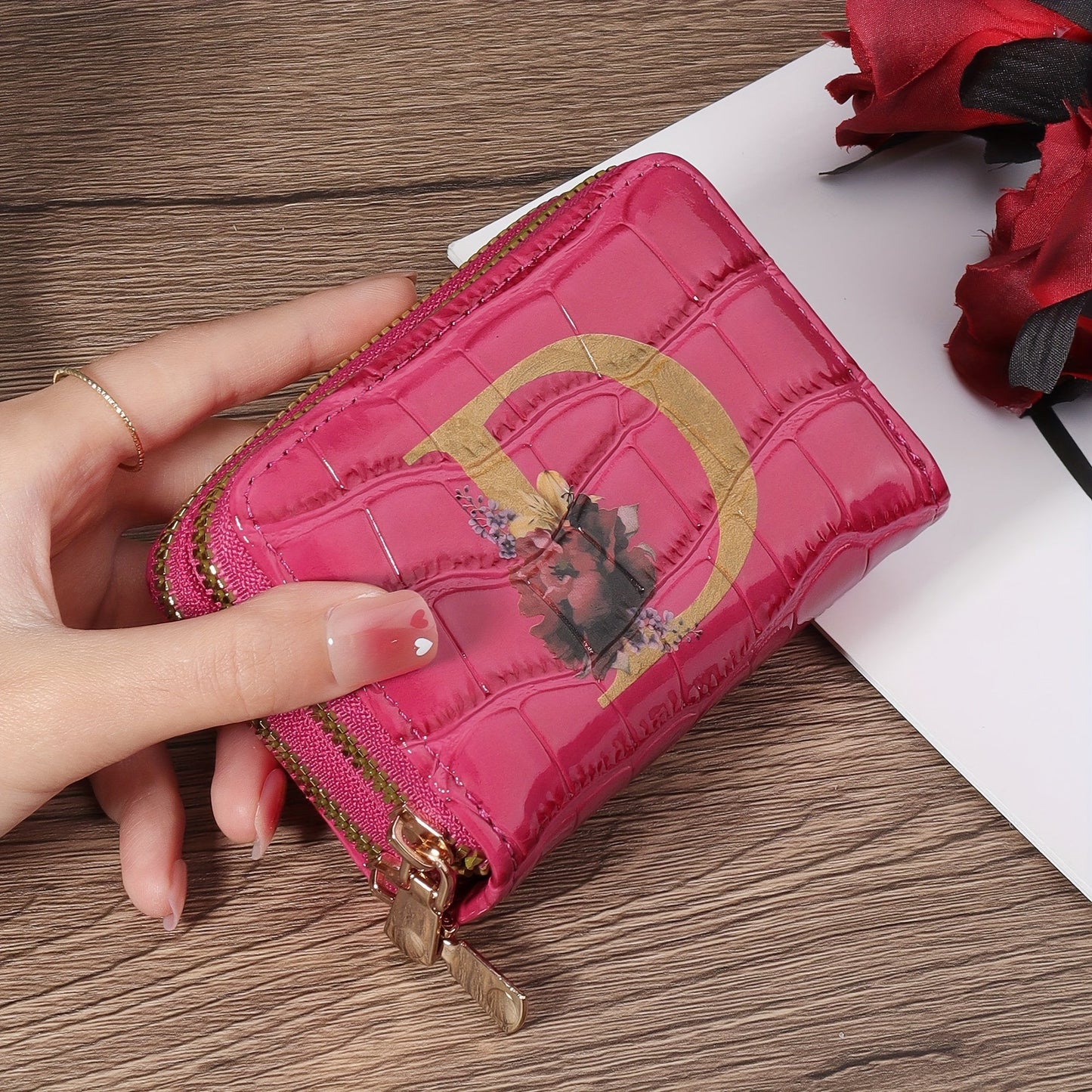Floral Letter Pattern Credit Card Holder Small Business Card Case For Women Or Men Accordion Wallet With Zipper