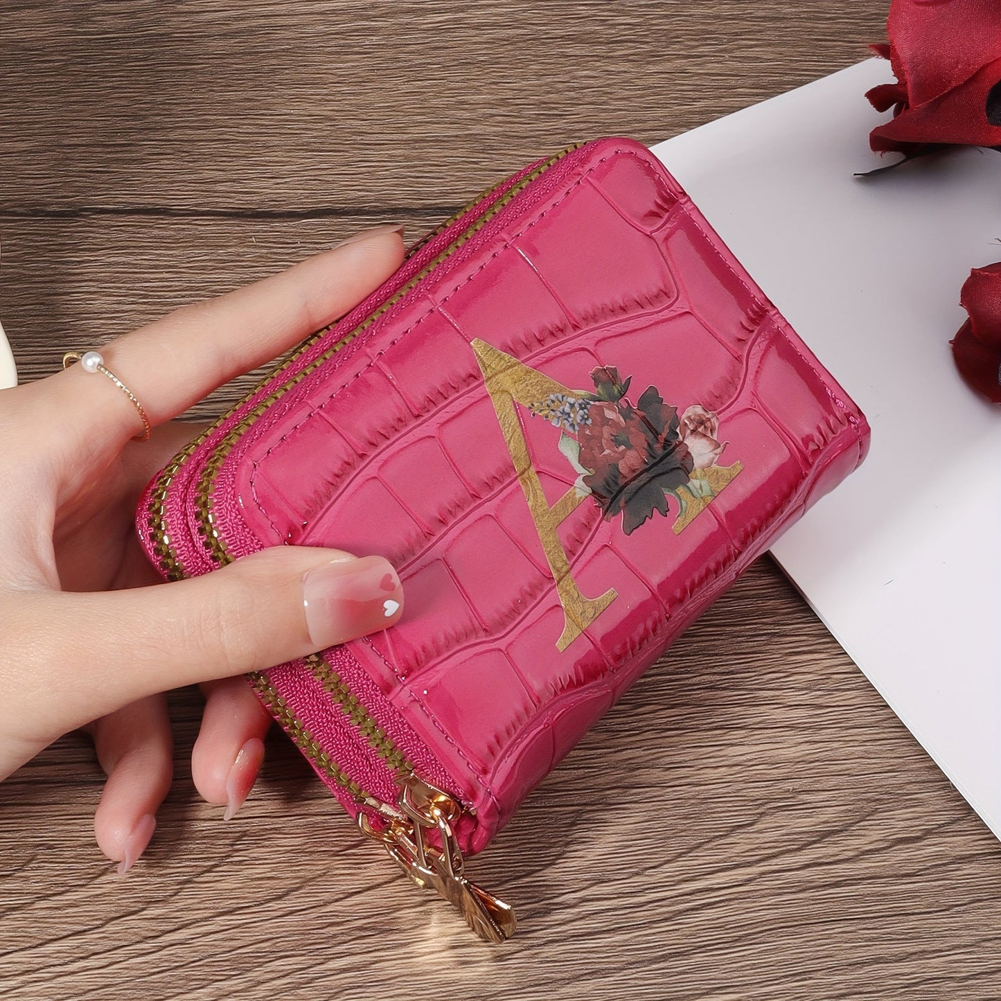 Floral Letter Pattern Credit Card Holder Small Business Card Case For Women Or Men Accordion Wallet With Zipper