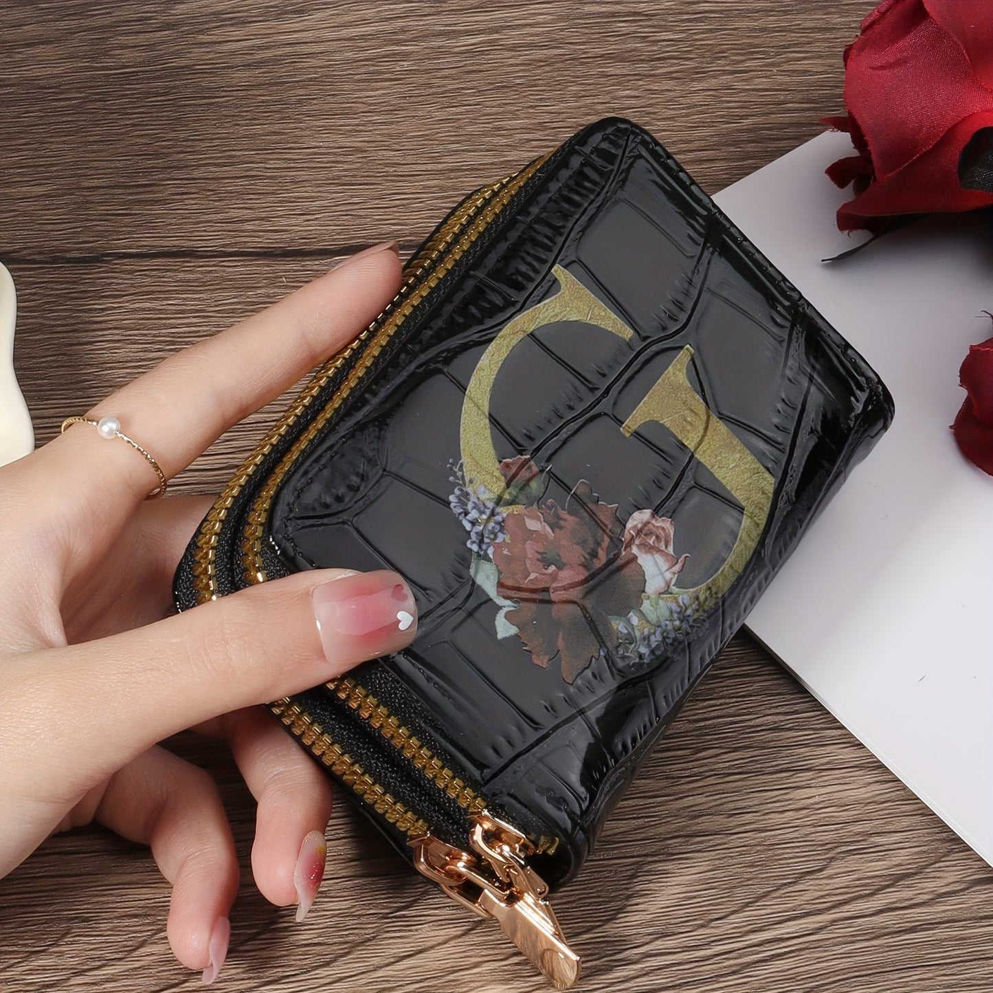 Floral Letter Pattern Credit Card Holder Small Business Card Case For Women Or Men Accordion Wallet With Zipper