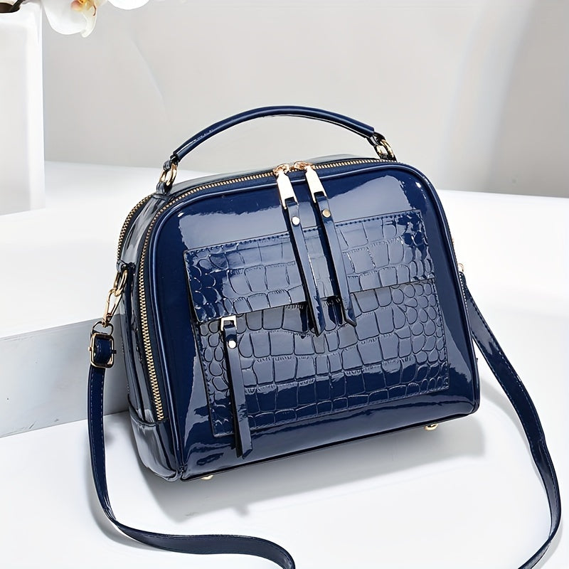 Elegant Crocodile Pattern Patent Leather Handbag, Retro Style, Vintage Square Shoulder Bag, Faux Leather Crossbody With Adjustable Strap For Women