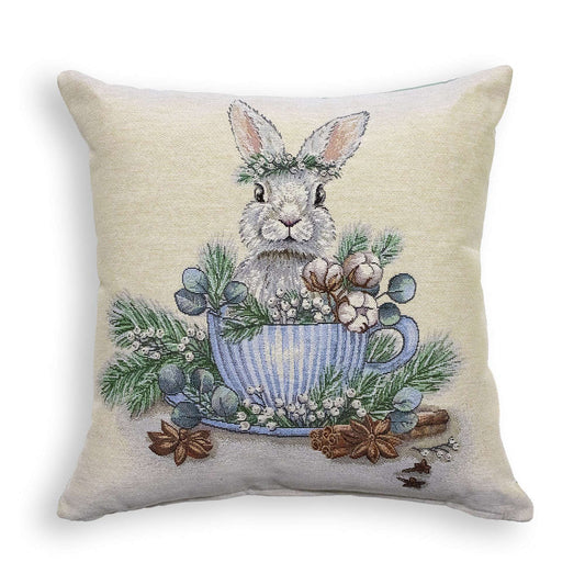 Cuscino arredo pasquale in gobelin decorazione Pasqua coniglio in tazza 7026