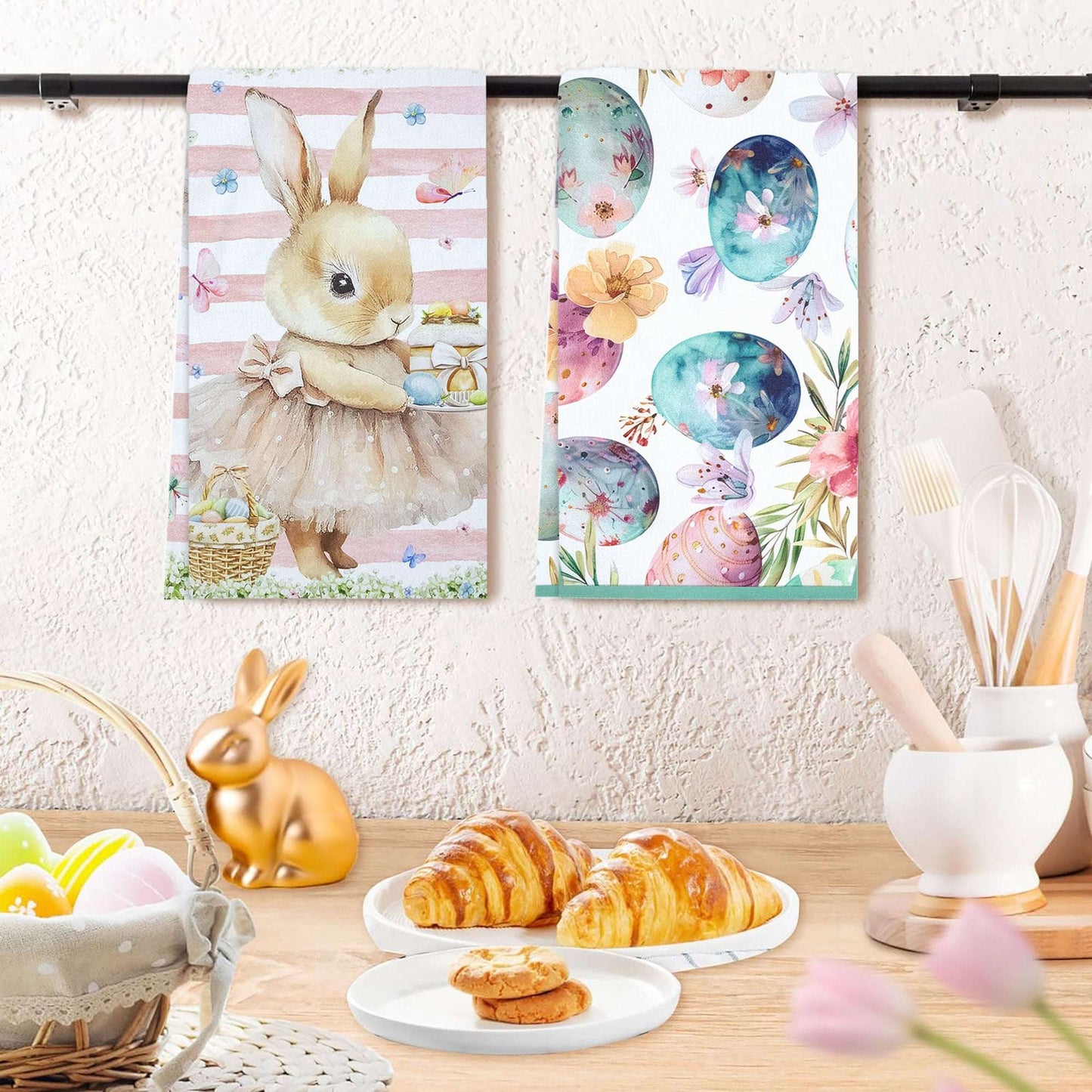 Set Strofinacci pasquali 6pz Canovacci Pasqua in cotone conigli primaverili 7031