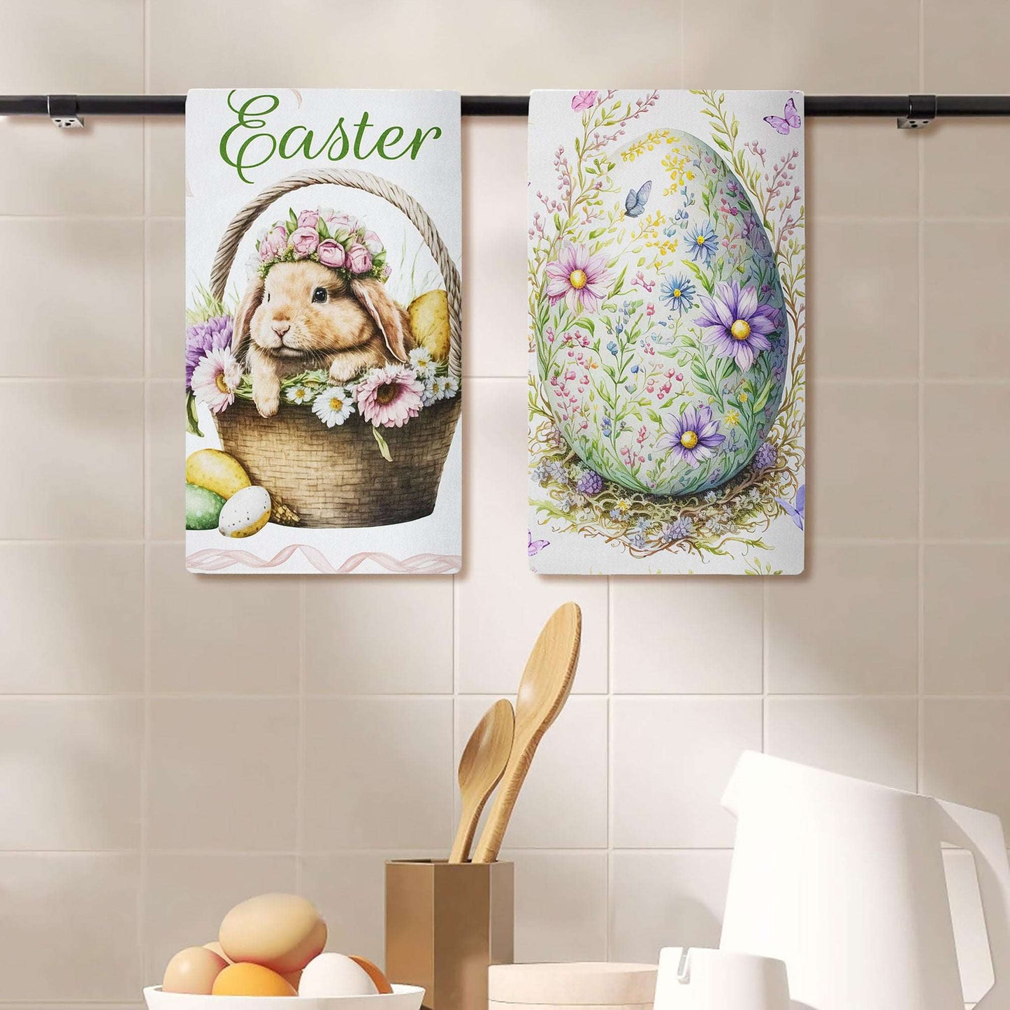 Set Strofinacci pasquali 6pz Canovacci Pasqua in cotone conigli primaverili 7031