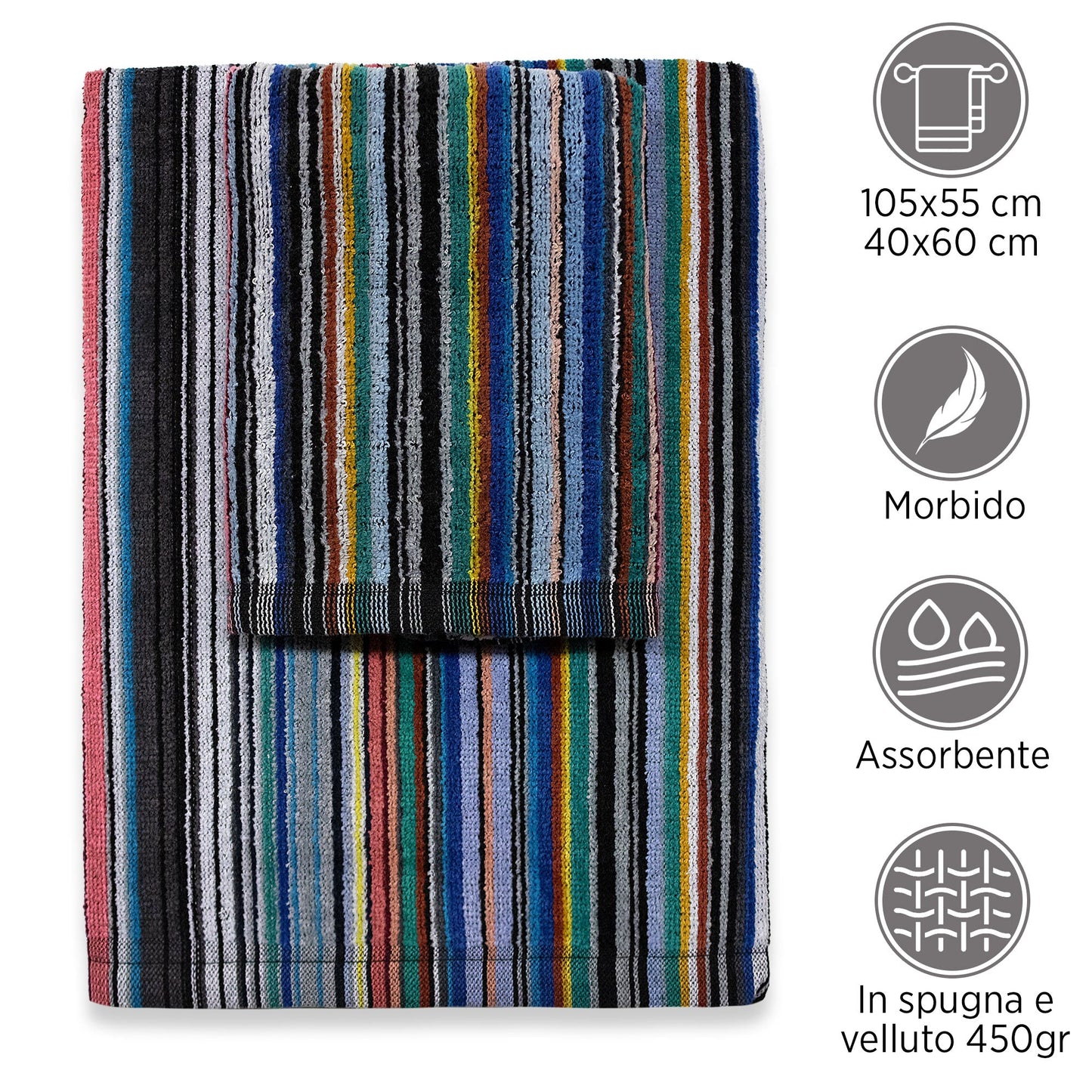 Asciugamani bagno Set 1+1 in spugna cinigliata e velluto Viso e Ospite 7033